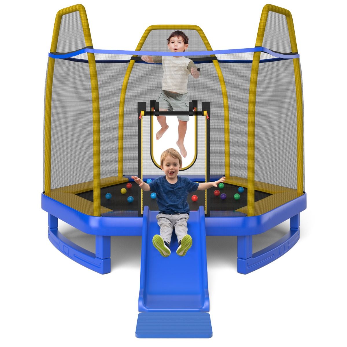 Trampoline Extérieur Ø 223cm avec Toboggan&Echelle avec Filet de Sécurité 2 Portes en U Charge 270kg pour 2-3 Enfants de 3 Ans+ Bleu/Vert