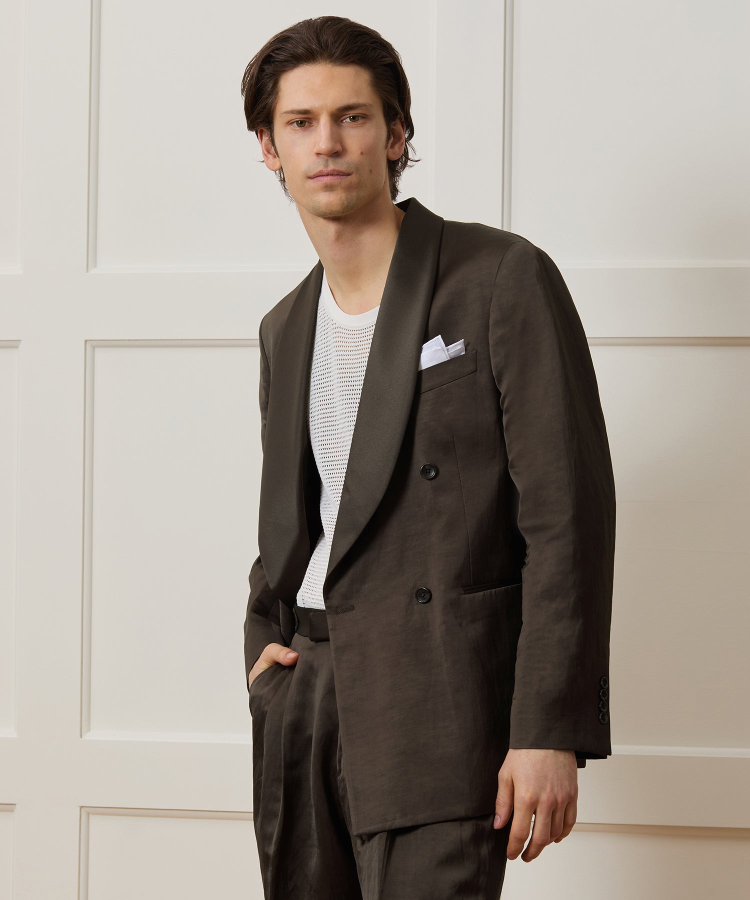 Italian Double-Breasted Shawl Tuxedo Jacket in Brown