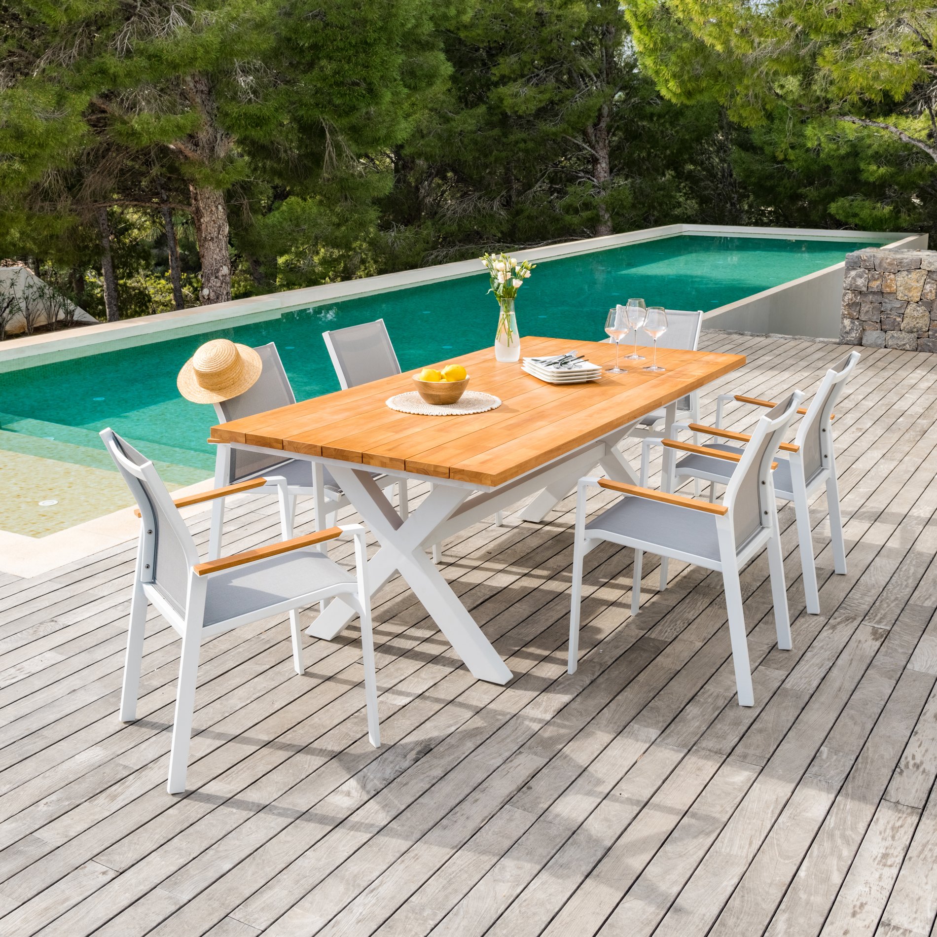 Table de jardin en aluminium et bois teck 8 places (200 x 100 cm) Bali Blanc - Action-sport36