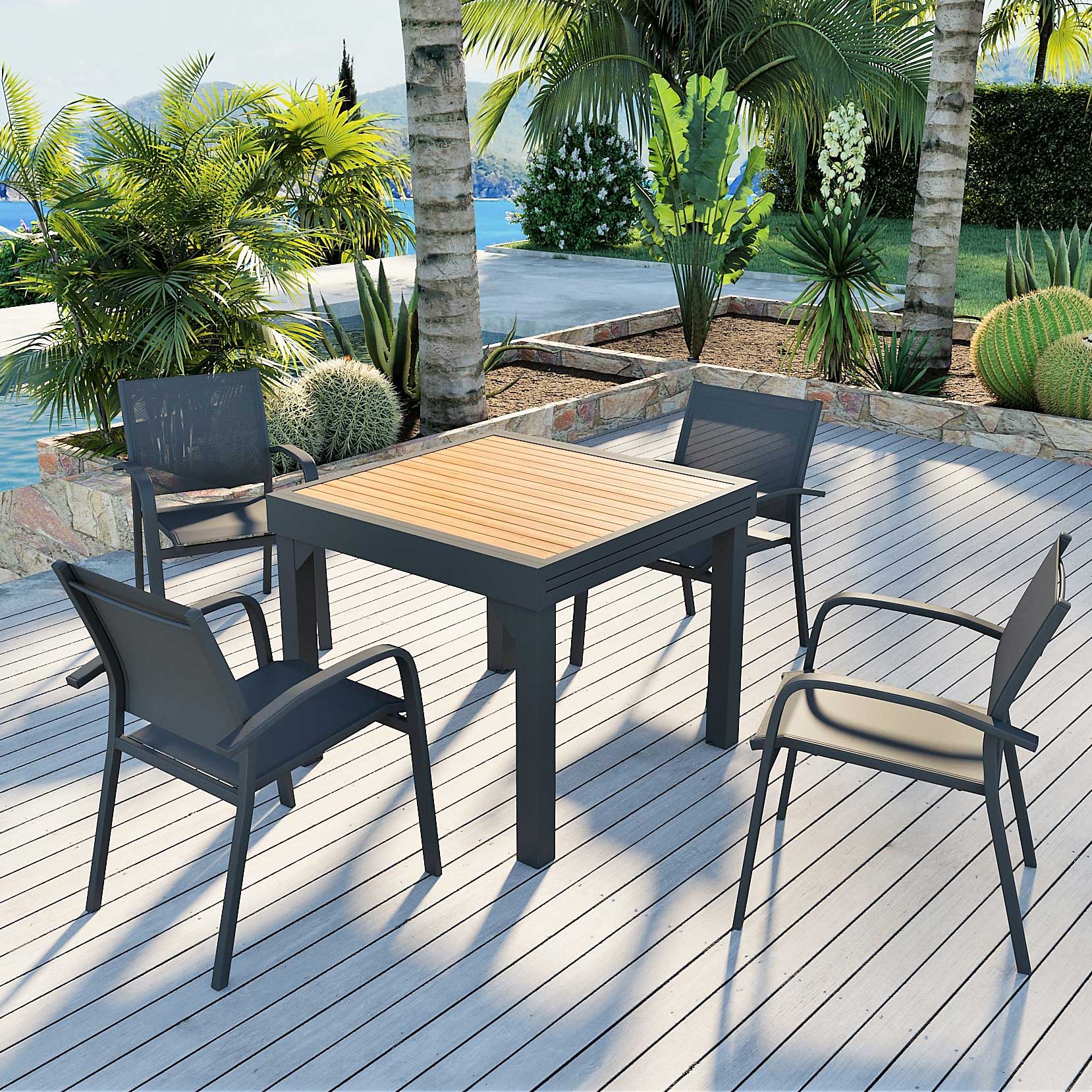 Table de jardin extensible en aluminium 8 places effet bois (90/180 x 90 cm) Murano Gris anthracite - Action-sport36