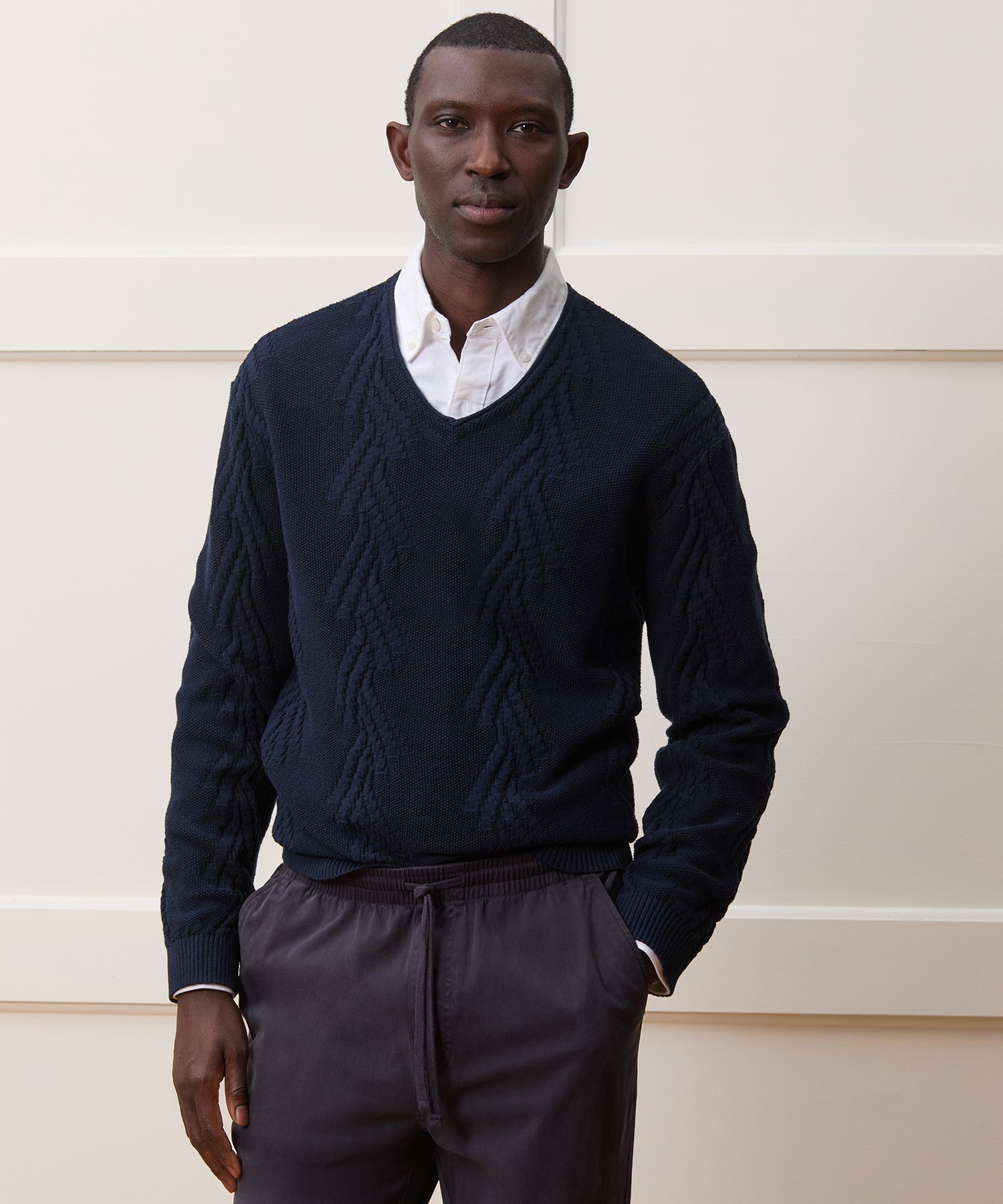 Cotton V-Neck Fisherman Sweater