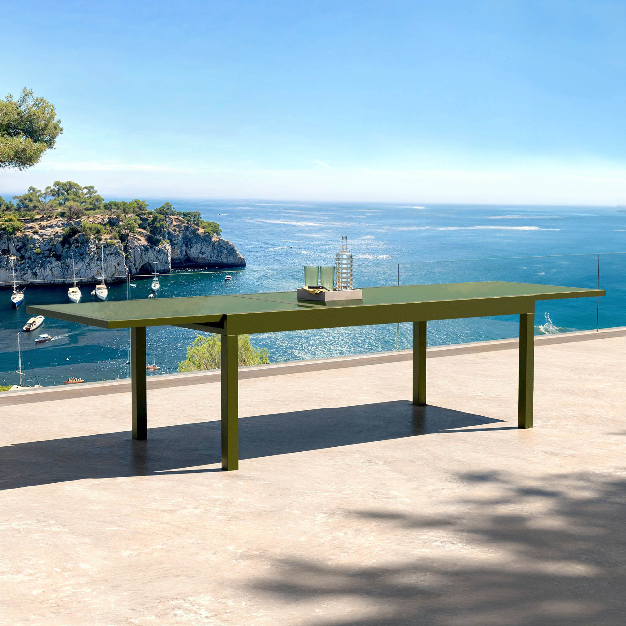 Table de jardin extensible en verre 12 places (200/320 x 100 cm) Murano Vert olive - Action-sport36