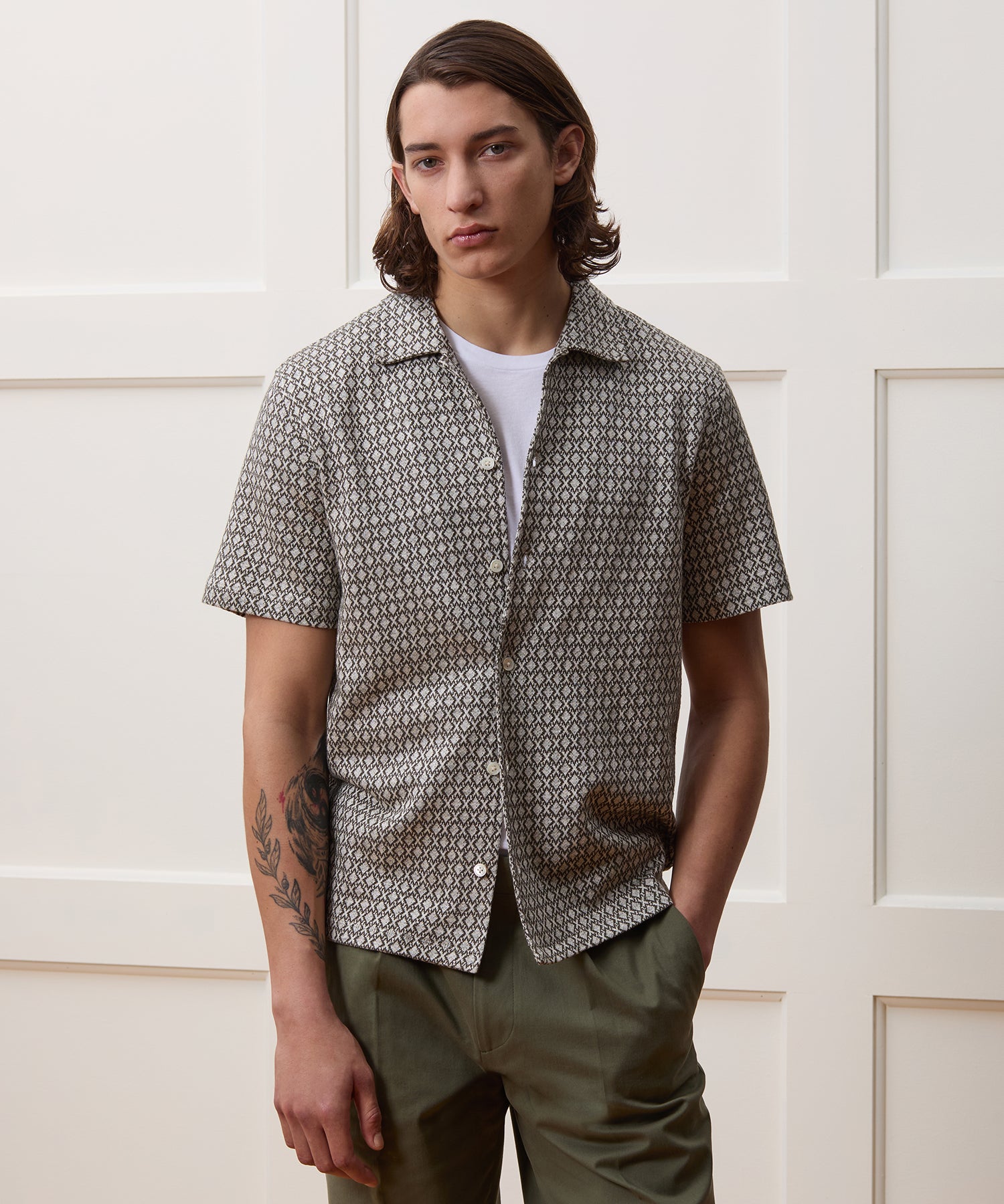 Linen-Cotton Geometric Knit Shirt