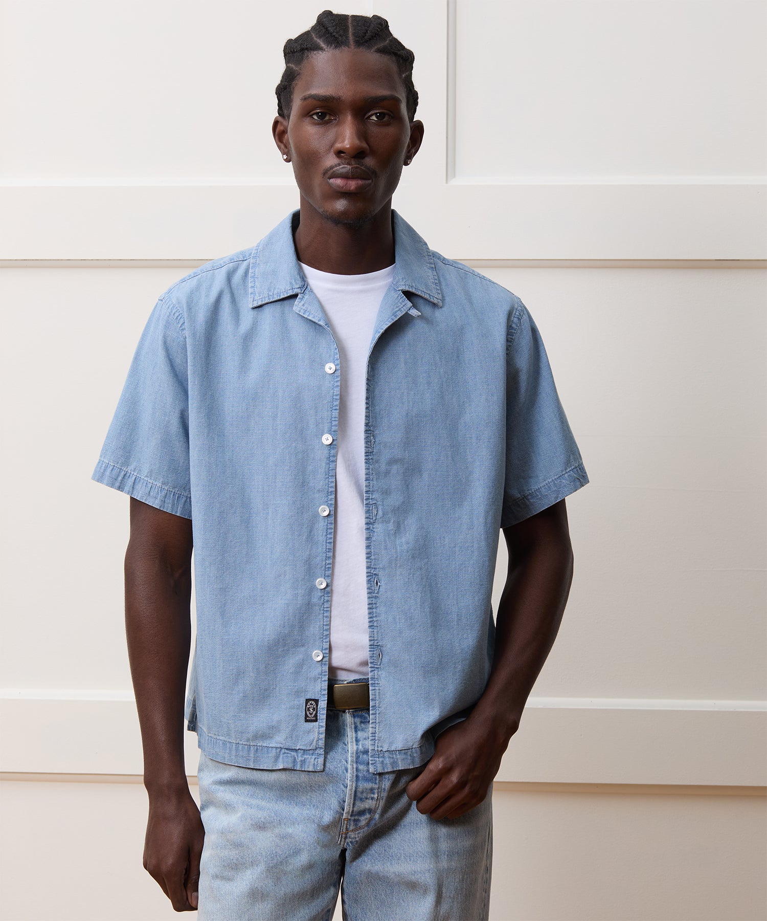 Cropped Chambray Camp Collar Shirt