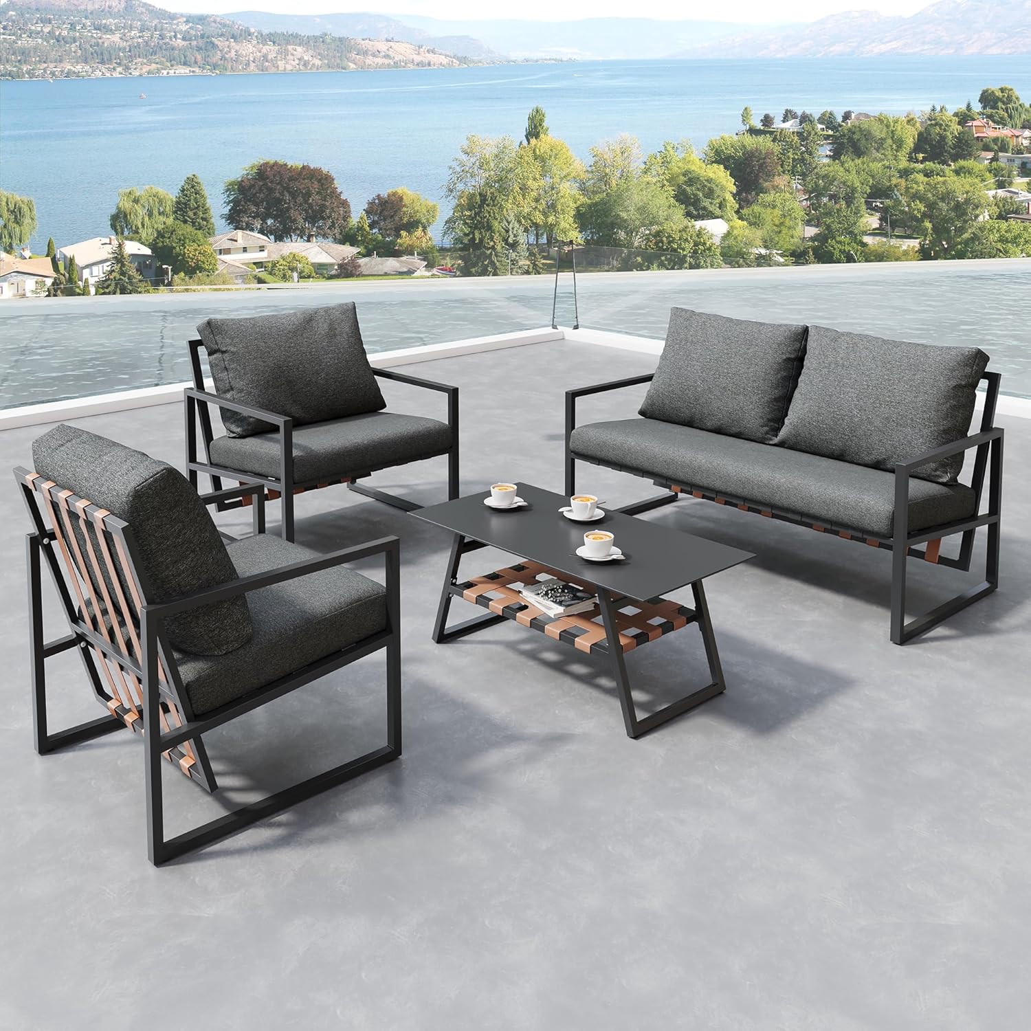Zepneiy Salon de Jardin, Salon de Jardin 4 Personnes, avec canapé, Table Basse et Coussins, Housse en Tissu déhoussable et Lavable, Noir (Coussins d'assise Inclus)