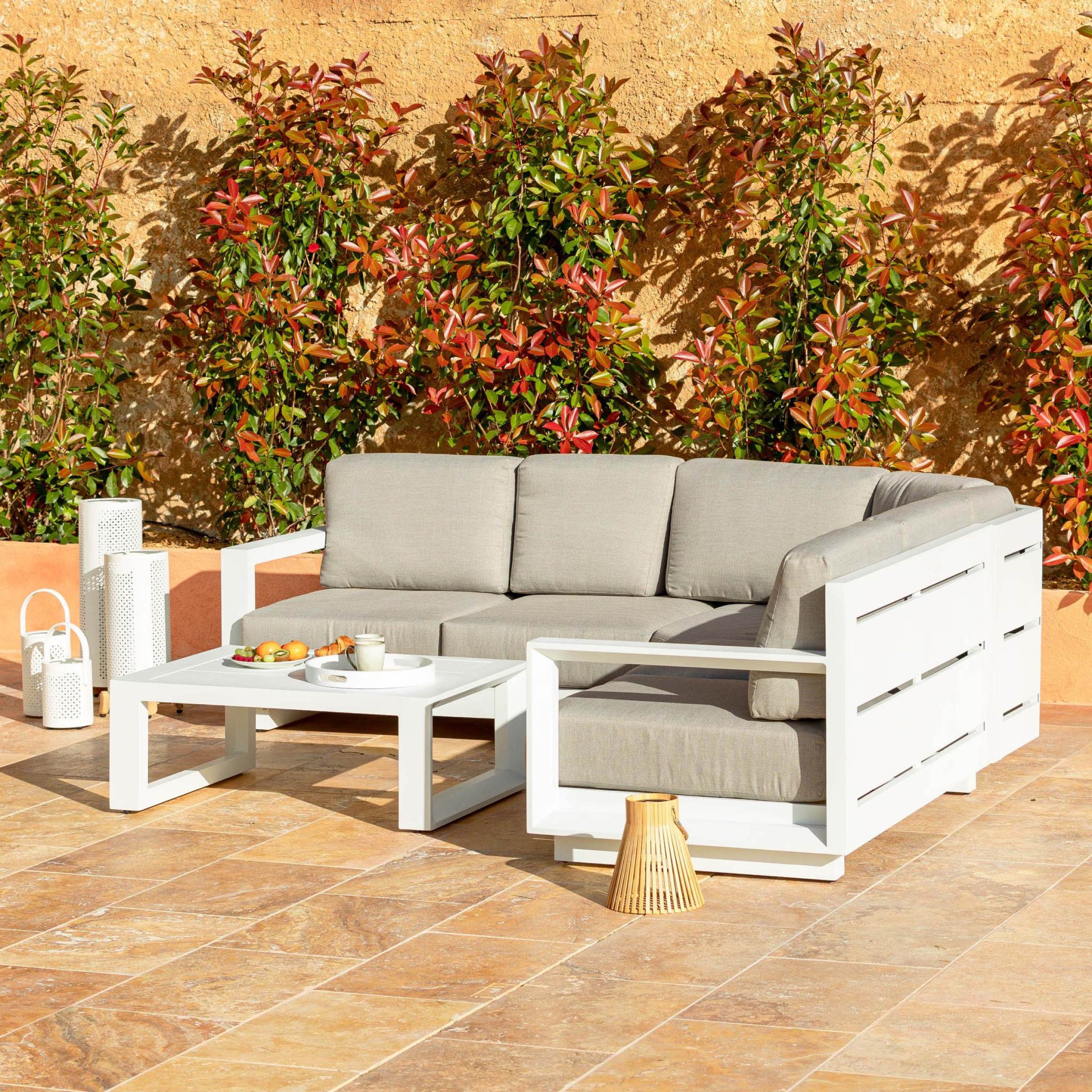 Salon de jardin d'angle aluminium 5 places Elba Blanc et taupe - Action-sport36