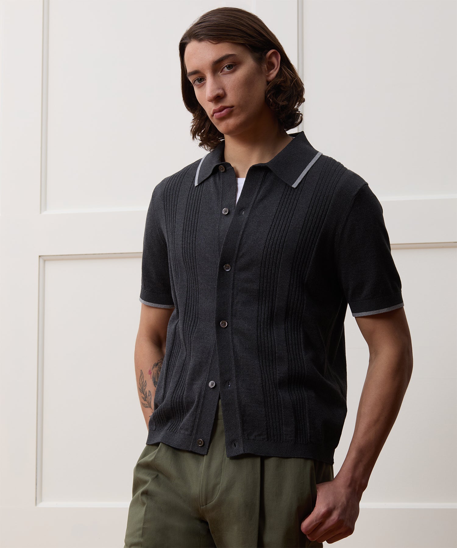 Cropped Silk-Cotton Tipped Full-Placket Sweater Polo