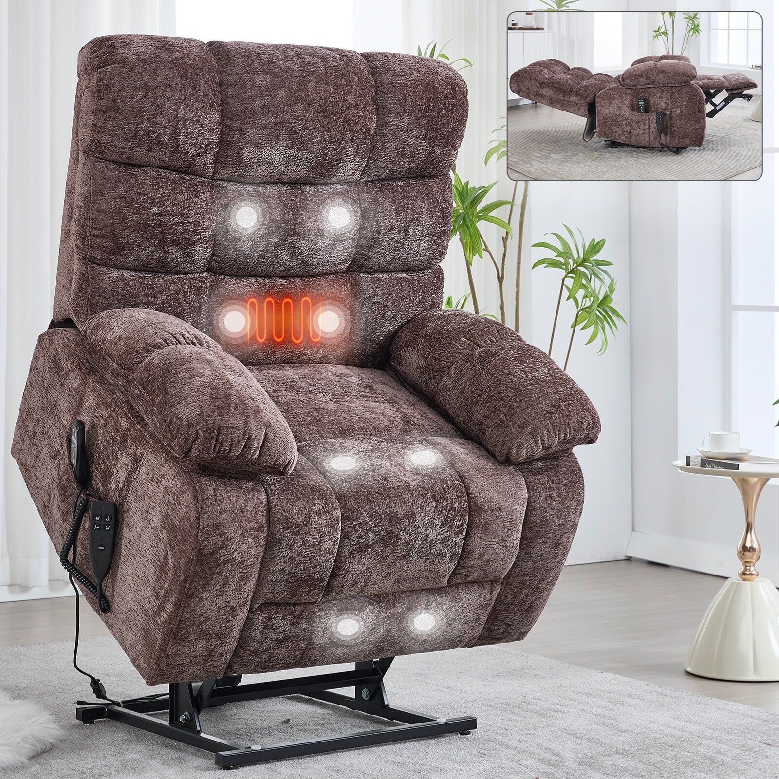 Chenille Dual Motor Infinite Position Power Lift Recliners, Oversized Reclining Chair with Heat Massage and Power-Remote