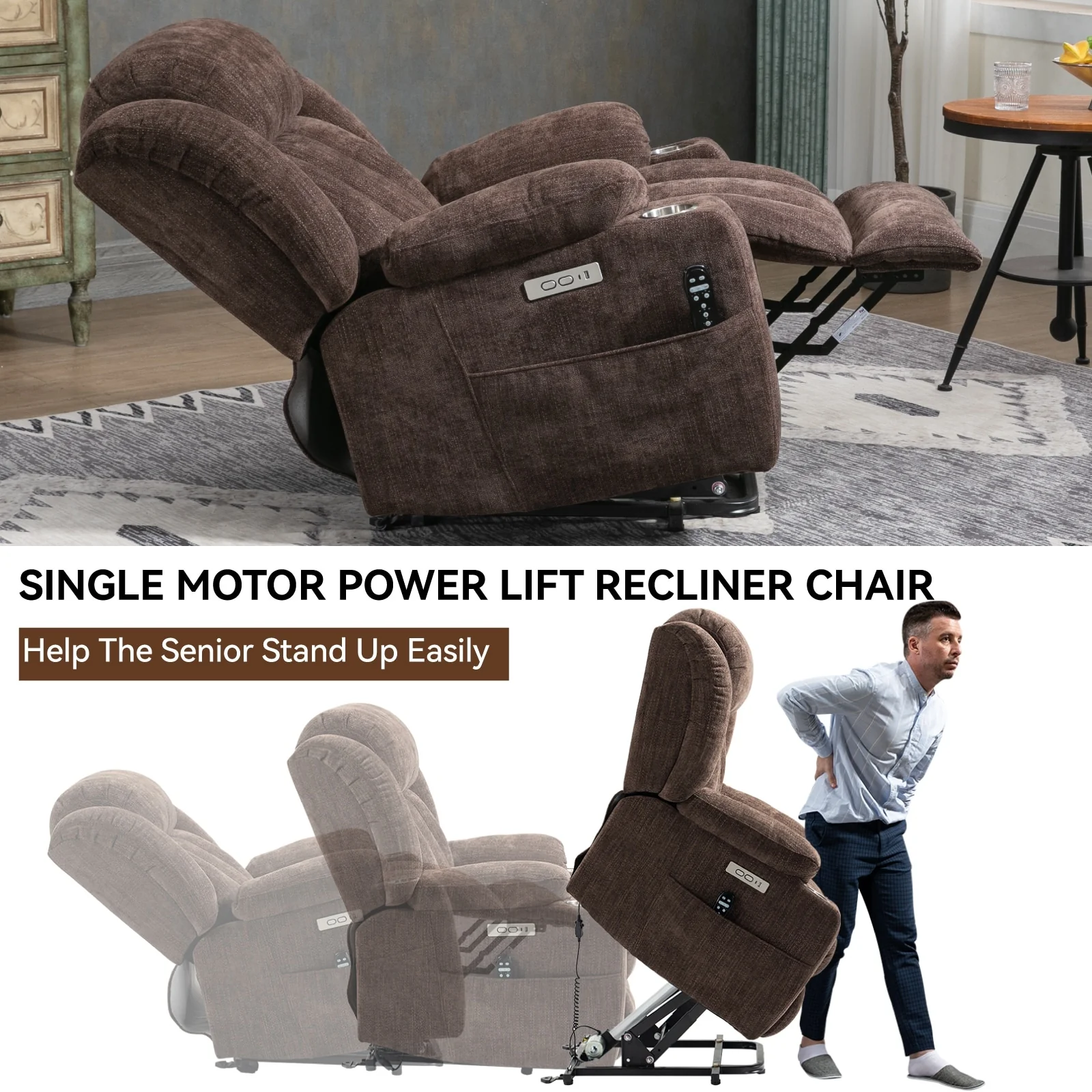 Electric Lift Recliner with Targeted Massage, Lumbar Heating, Dual USB Charging, and Stainless Steel Cup Holders