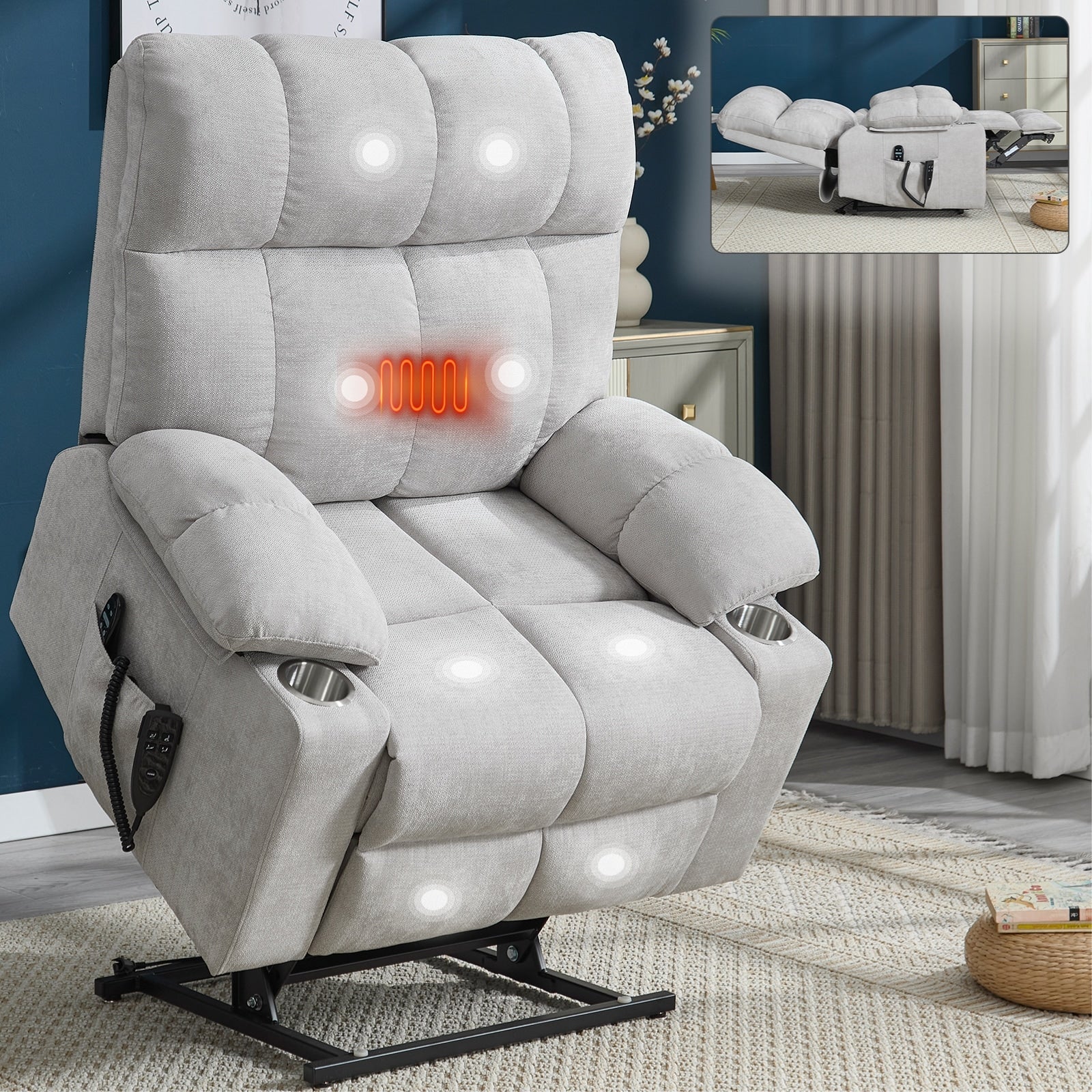 Dual Motor Infinite Position Power Lift Recliner, with 8-Point Vibration Massage and Lumbar Heating,Dual Cup Holders