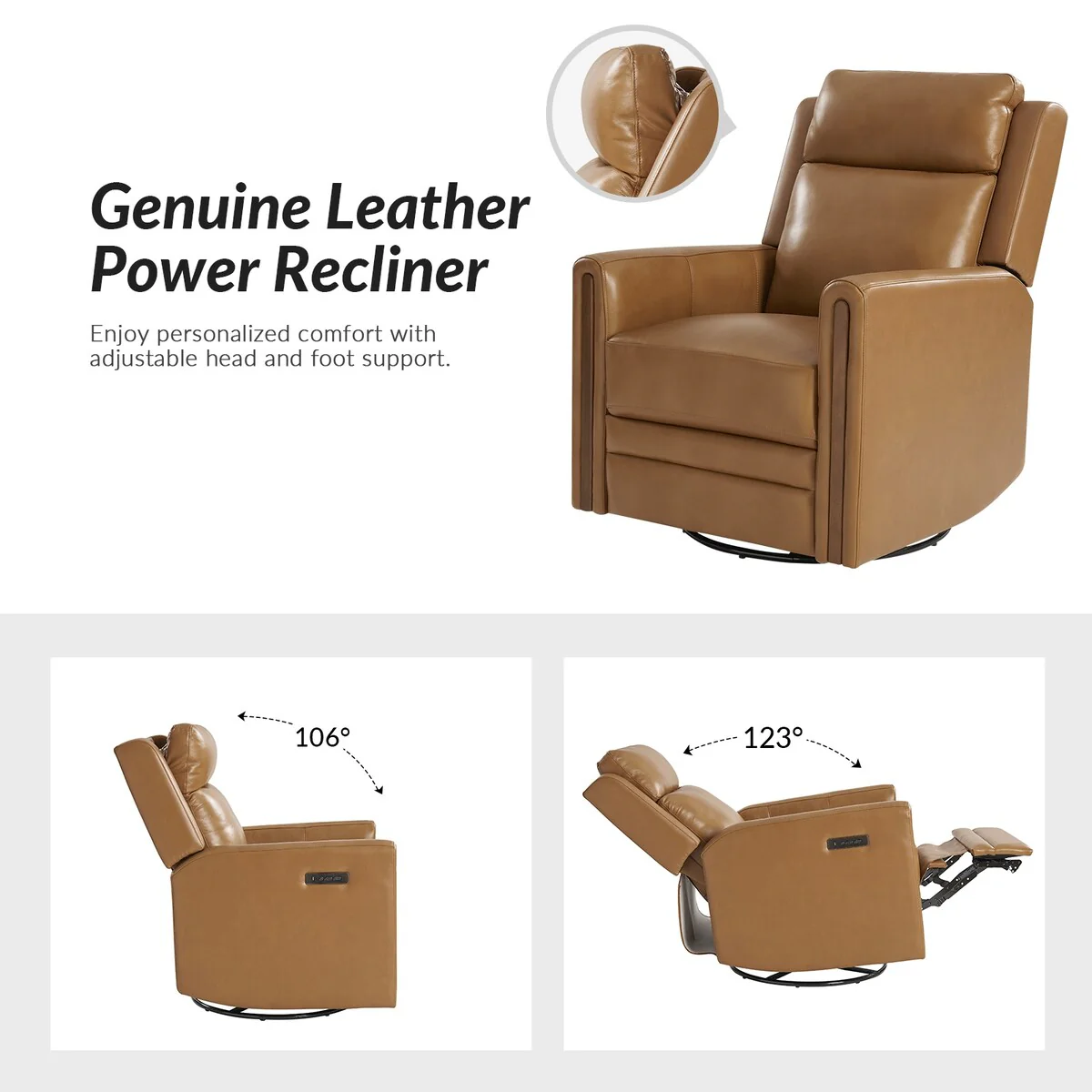 Jaime Modern Genuine Leather Rocking Swivel Power Recliner with Adjustable Headrest and Footrest by HULALA HOME