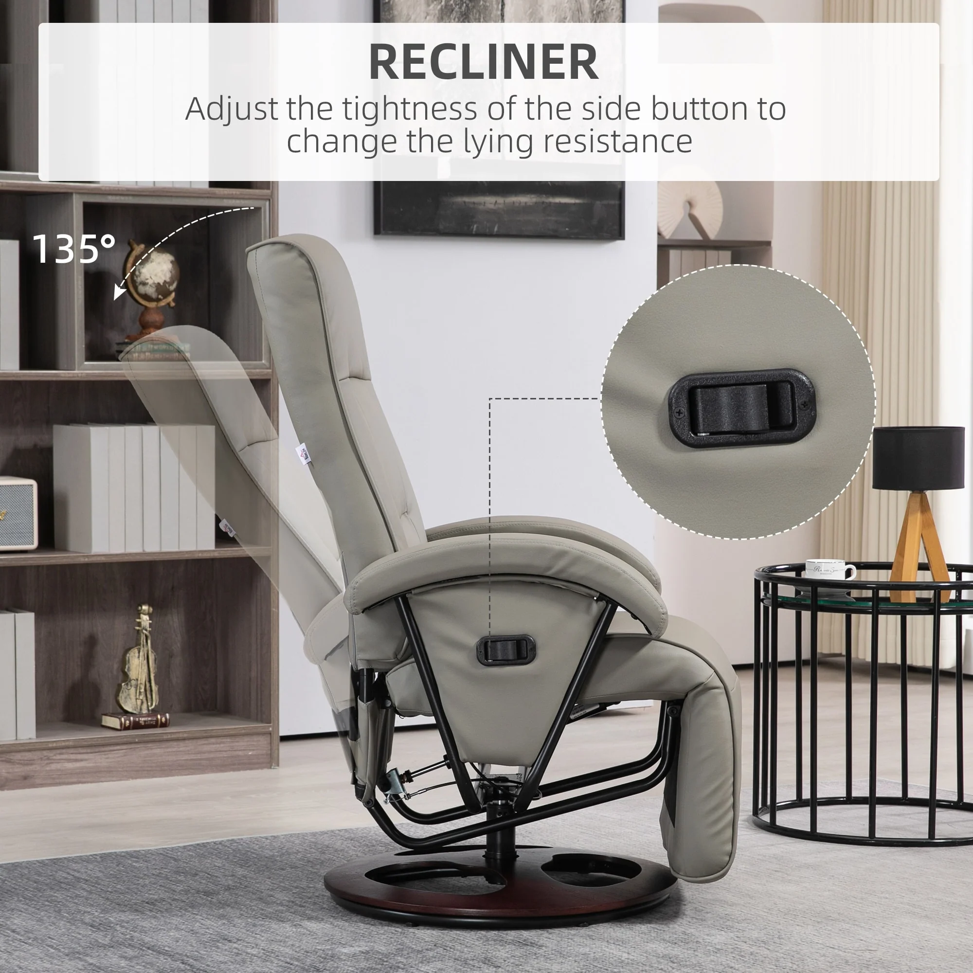 HOMCOM PU Recliner with Footrest, Lounge Chair with 135�� Adjustable Backrest, Swivel Wood Base