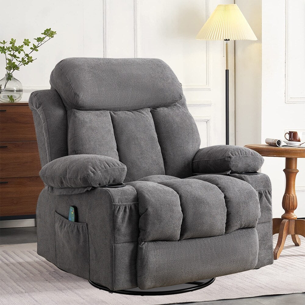 Massage 360 Swivel Rocker Recliner Chair, Heating, Cup Holders, USB