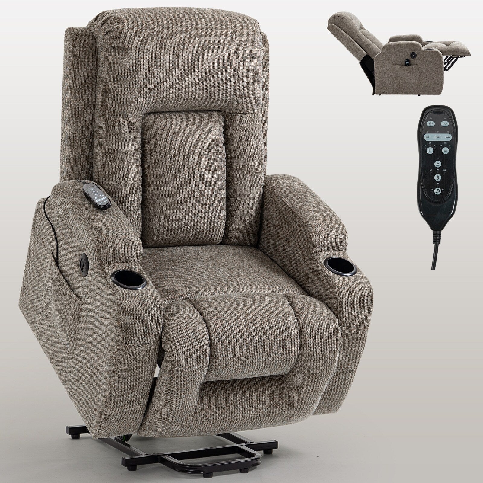 Power Lift Recliner Chair with Massage, Lumbar Heat, USB & Cup Holders