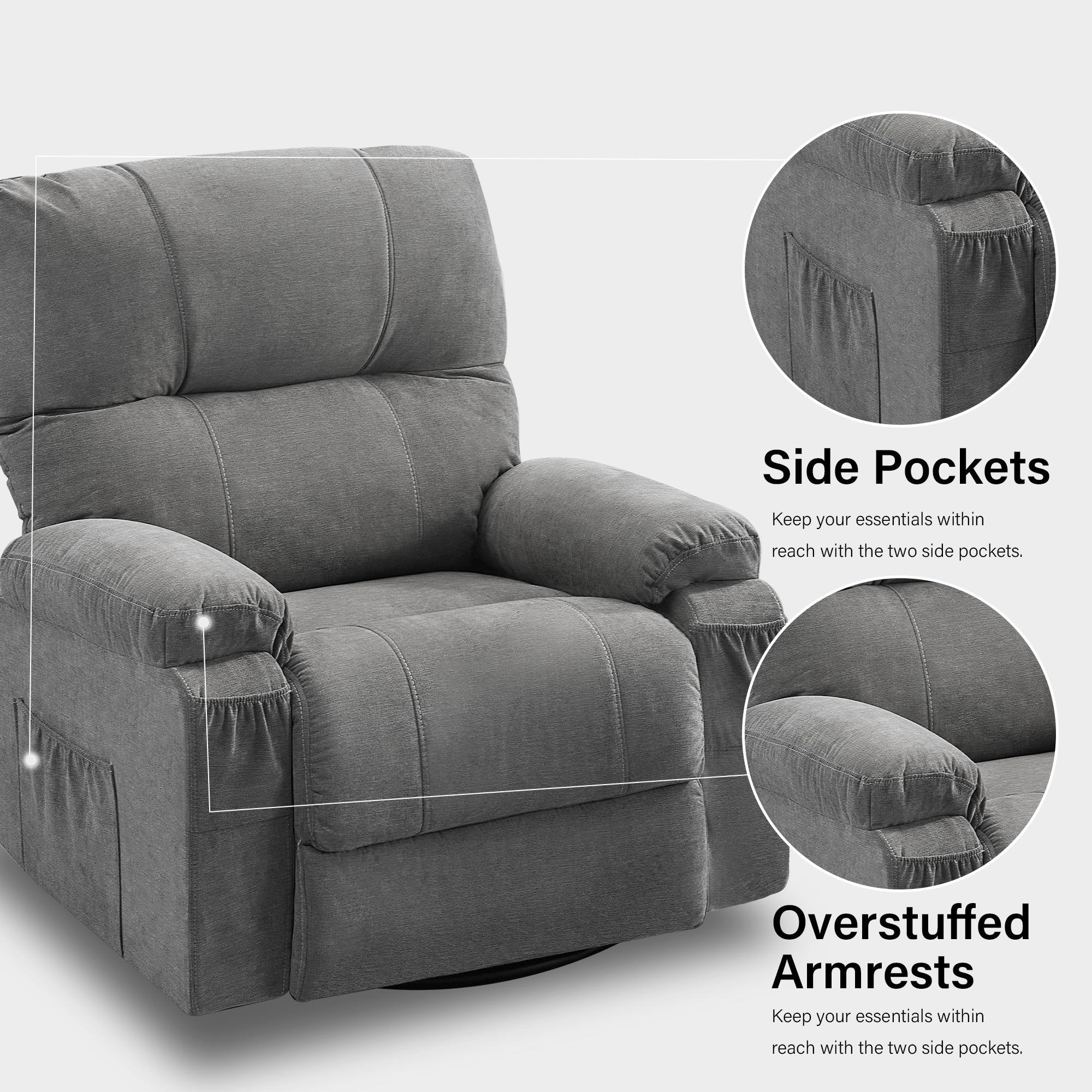 360�� Rotating Recliner Chair with Adjustable Backrest, Swivel Rocking Armchair with Footrest, Soft Cushions & Side Pockets