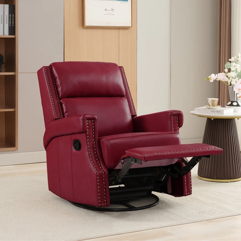 Genuine Leather Manual Rocking Recliner with 360-degree Metal Swivel Base