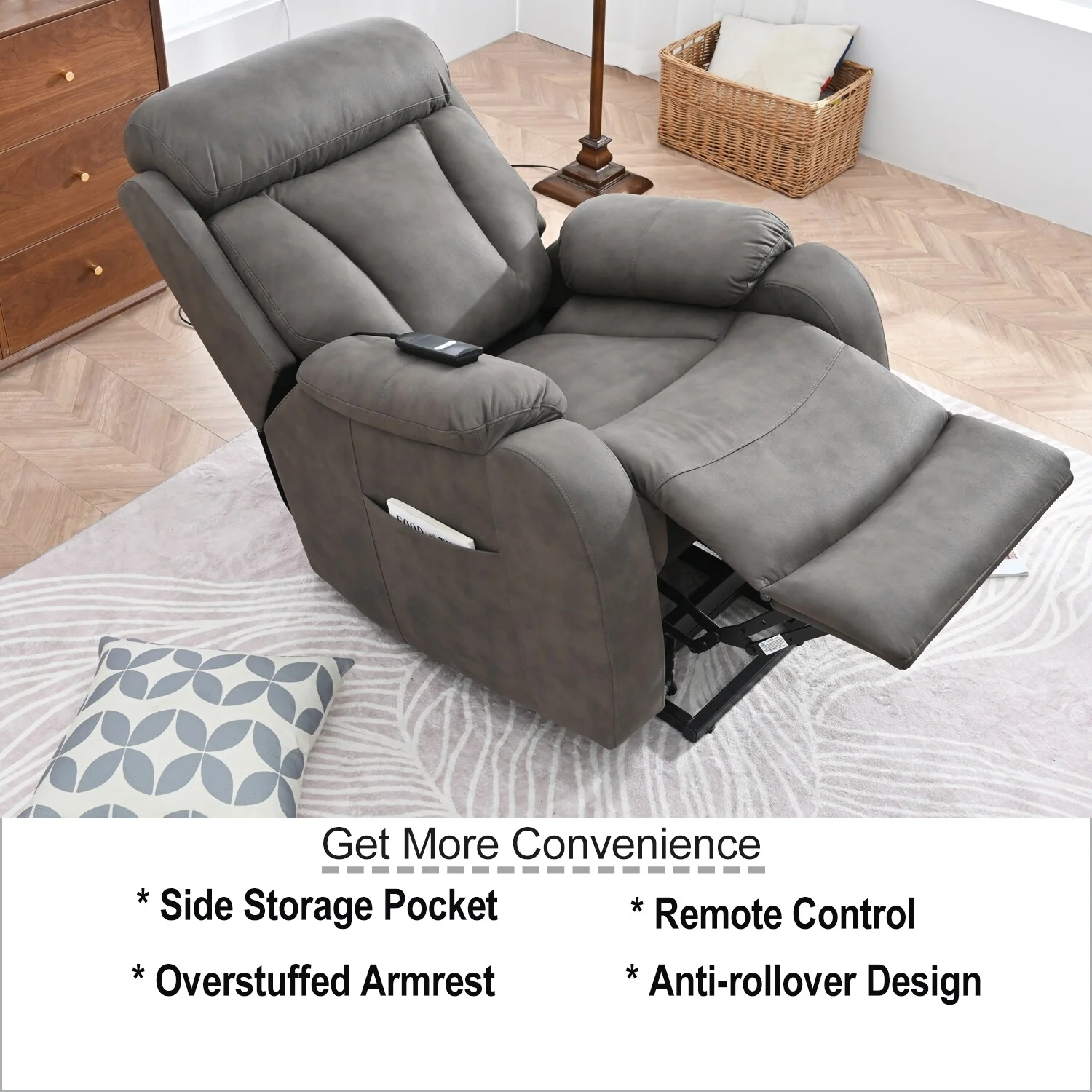Recliner Chair Wide Seat with Overstuffed Pillows, Remote Control and Side Pocket