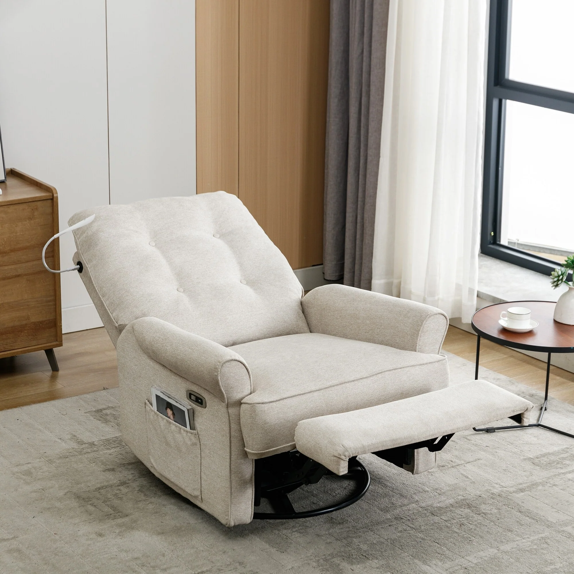 Beige 270�� Swivel Recliner with USB, Rocking Base, and Side Pocket