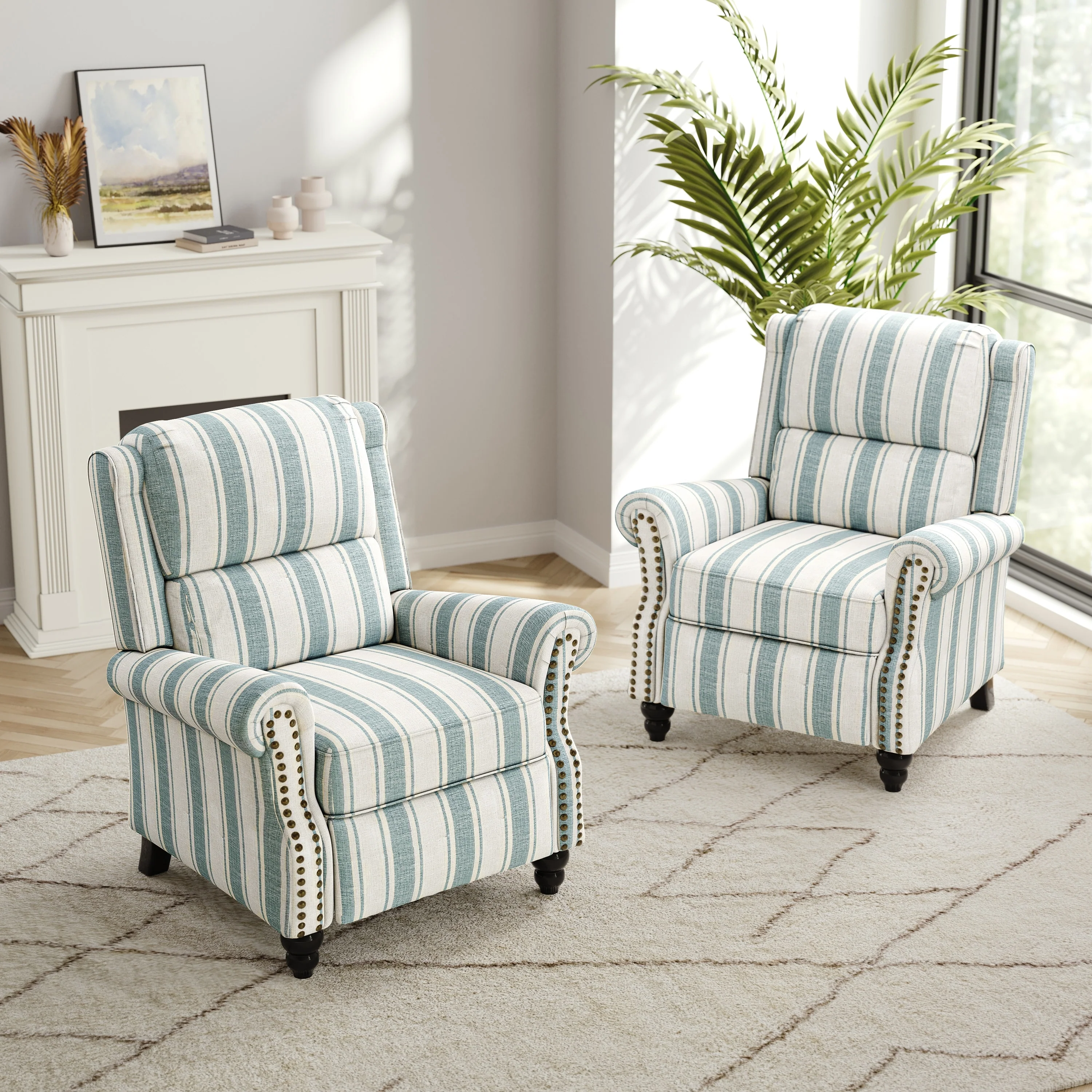 2 Set Nail-head Padded Seat Pushback Recliner Chair