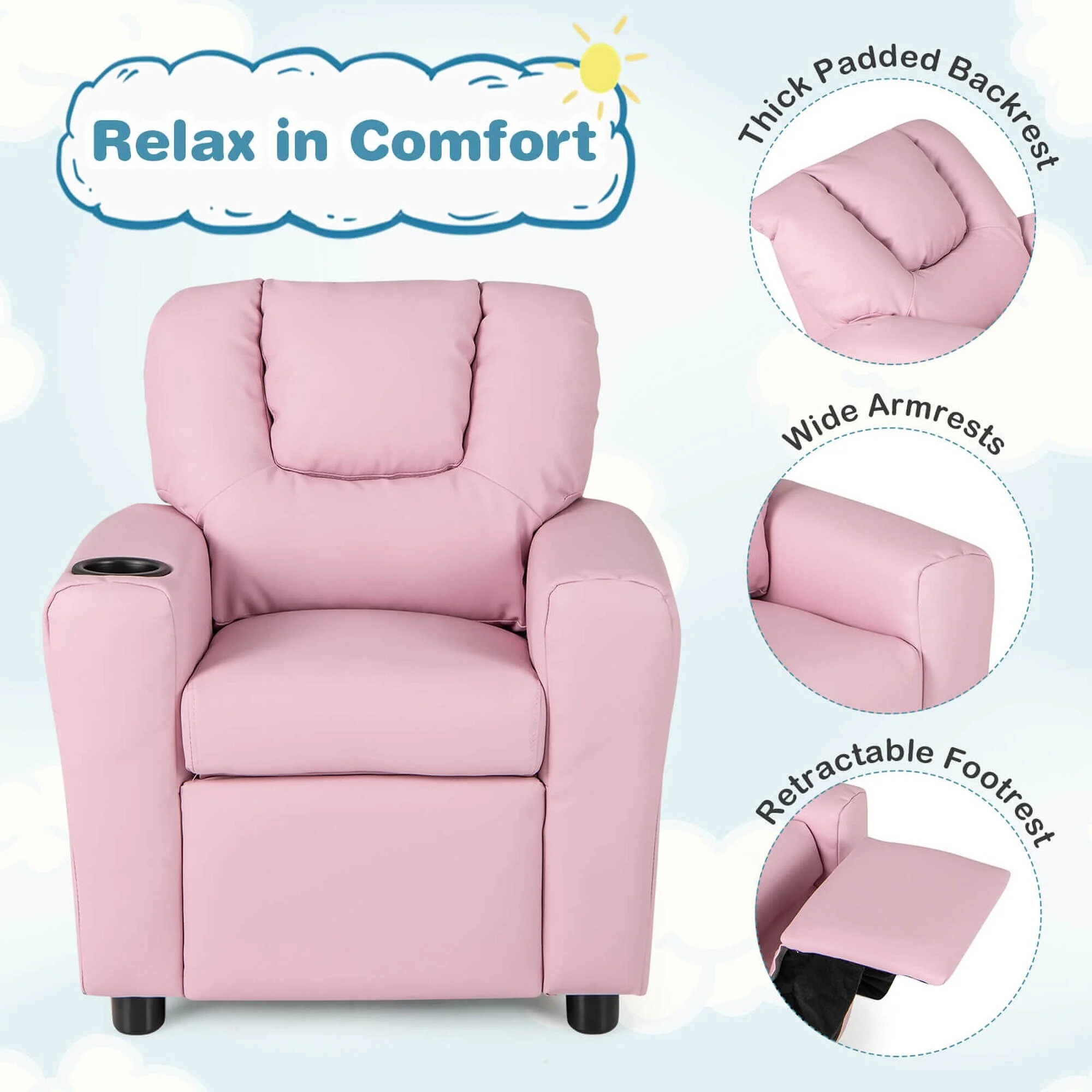 Costway Kids Recliner Chair with Cup Holder  Side Pocket Adjustable