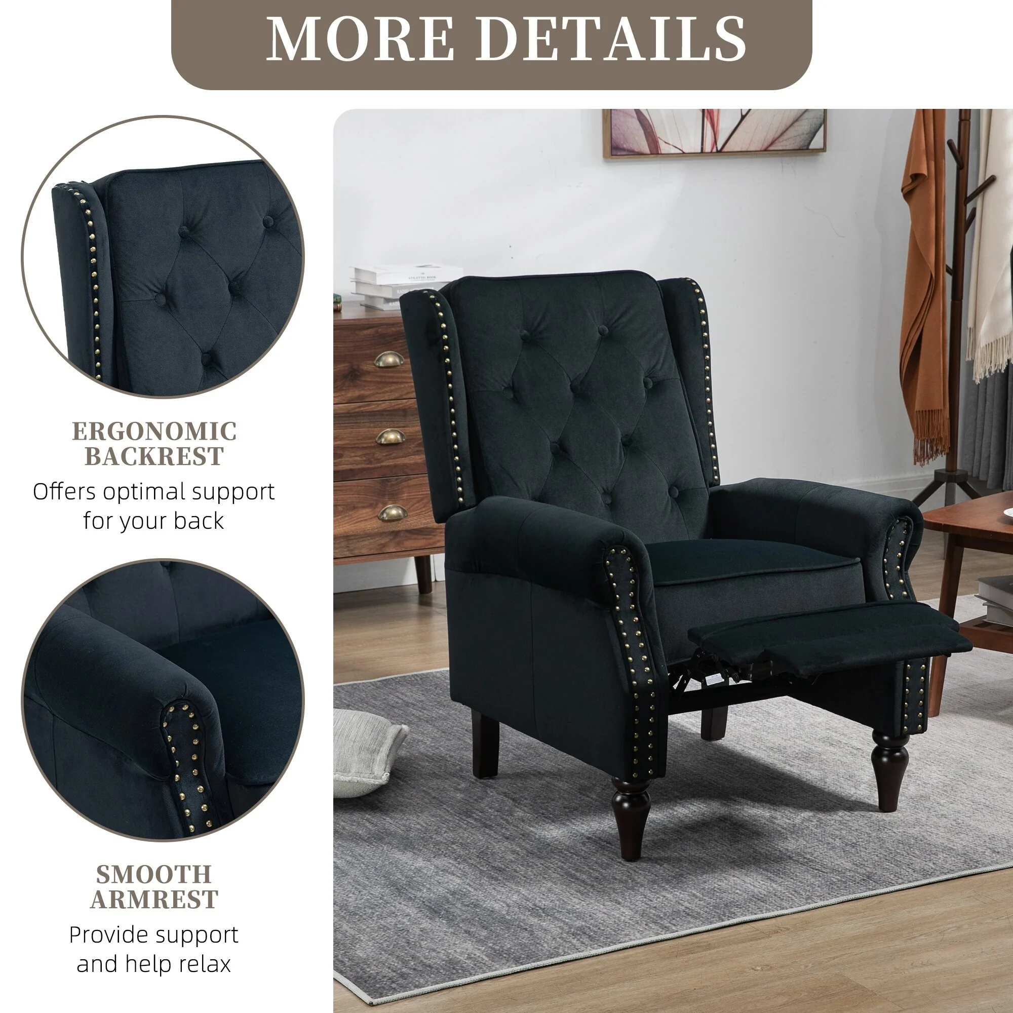 Velvet Upholstered Nailhead Tufted Recliner Chair with Black Legs