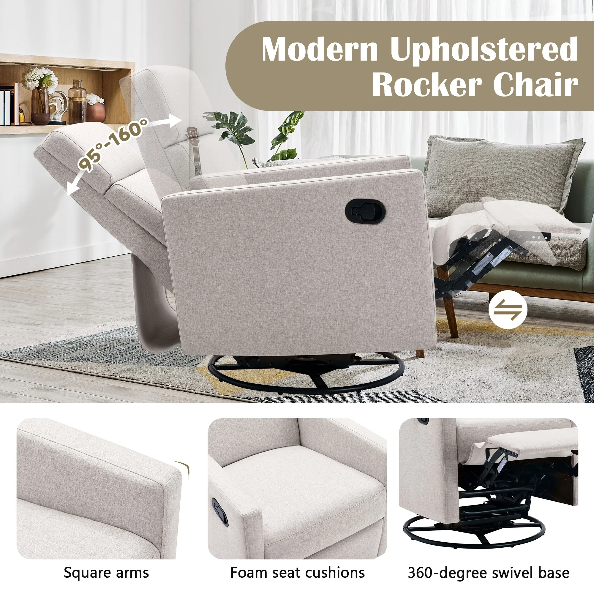 Roomfitters Modern Upholstered Rocker Nursery Chair, Plush Seating Glider Swivel Recliner Chair