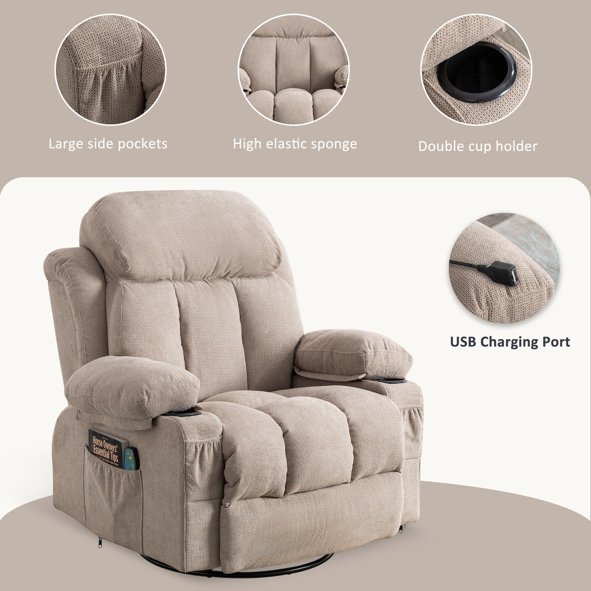 Beige 360-Degree Swivel Recliner with Massage and Heating, USB Charging, 2 Cup Holders, Large Side Pockets