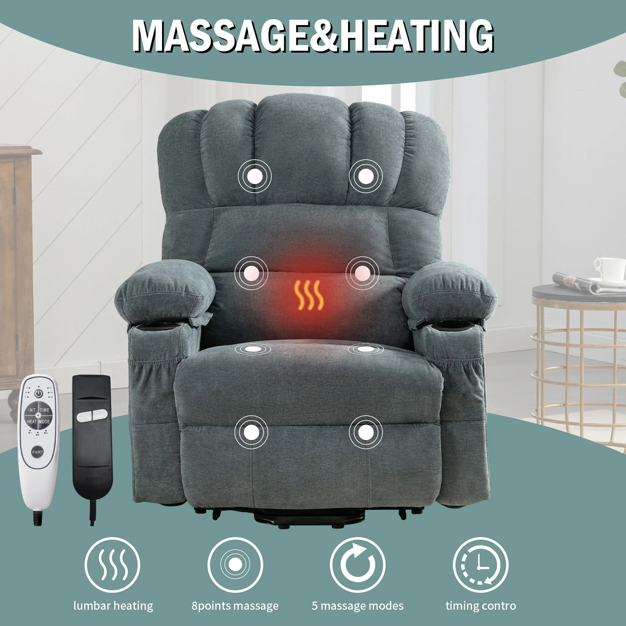 Power Electric Massage Lift Lounge Chair with Heating and Vibration, USB