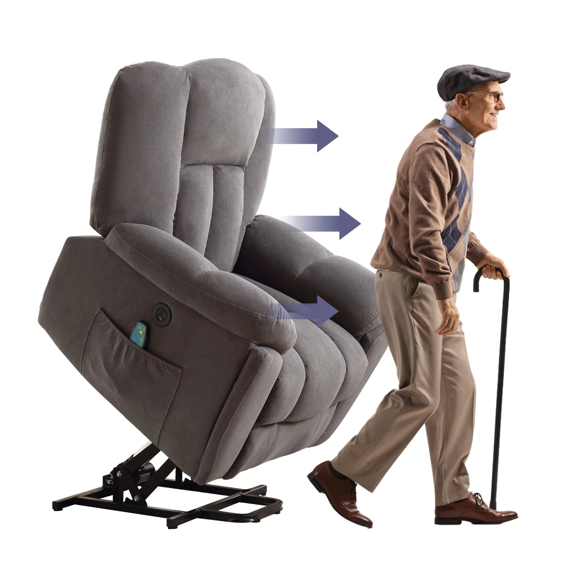 Grey Electric Power Lift Recliner with Heating, Massage, Infinite Positions, USB Charging, and Convenient Side Pockets