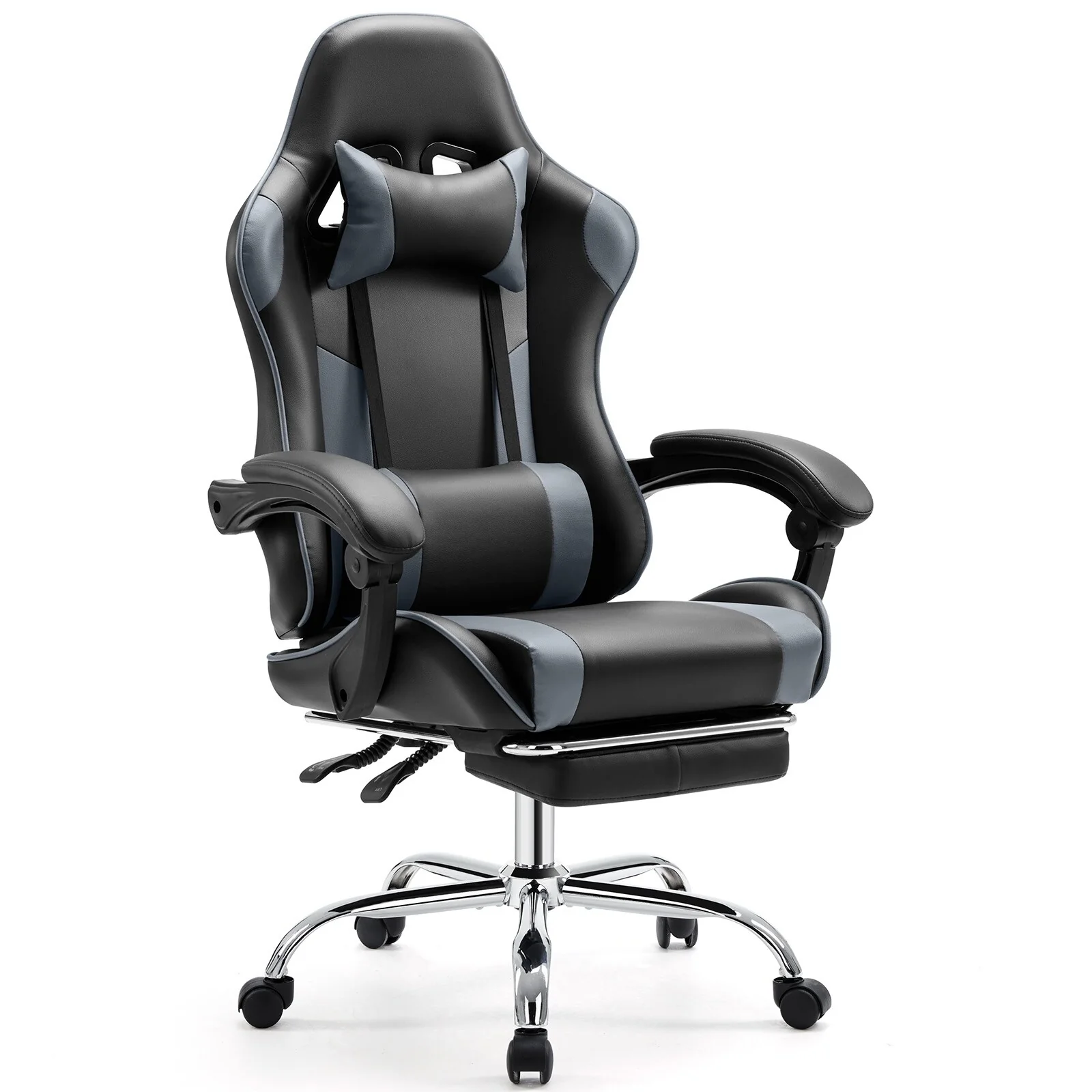 Black+ Gray Ergonomic PU Leather 360�� Swivel Gaming Recliner with Footrest, Headrest, Lumbar Support, Adjustable Height