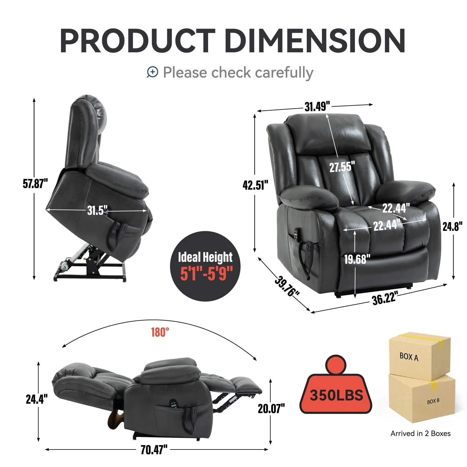 Grey Electric Power Lift Recliner with Dual Motors, 8-Point Vibration Massage, Lumbar Heating, 180�� Recline