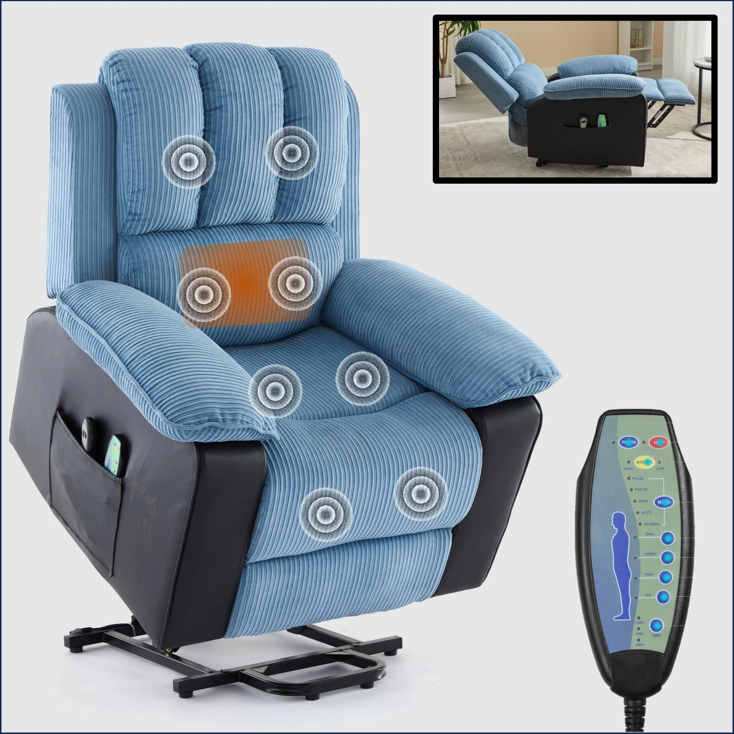 Blue Recliner with Heat, Massage & Modern Design