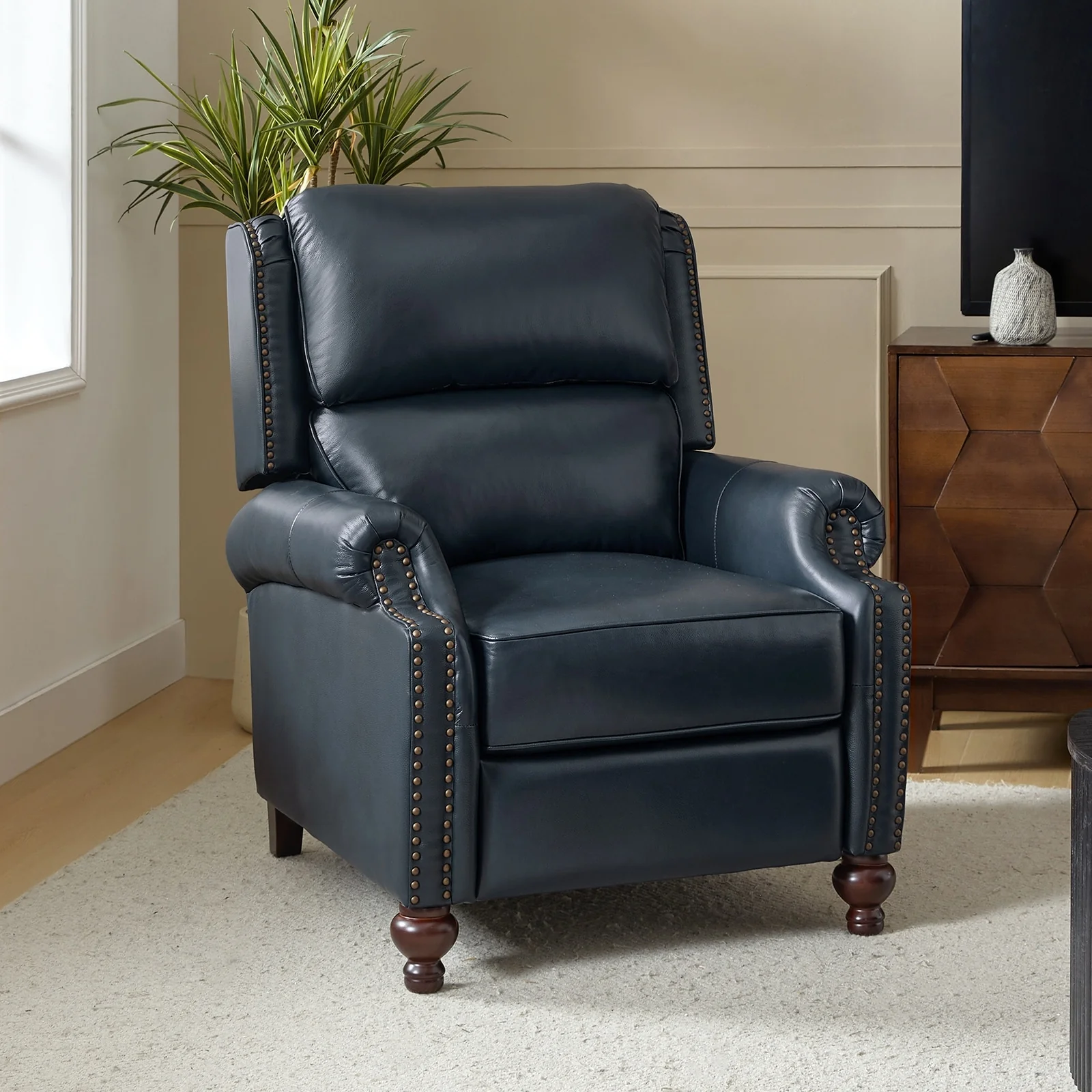 Gabriela Mid-Century Modern Genuine Leather Recliner with Tapered Block Feet by HULALA HOME