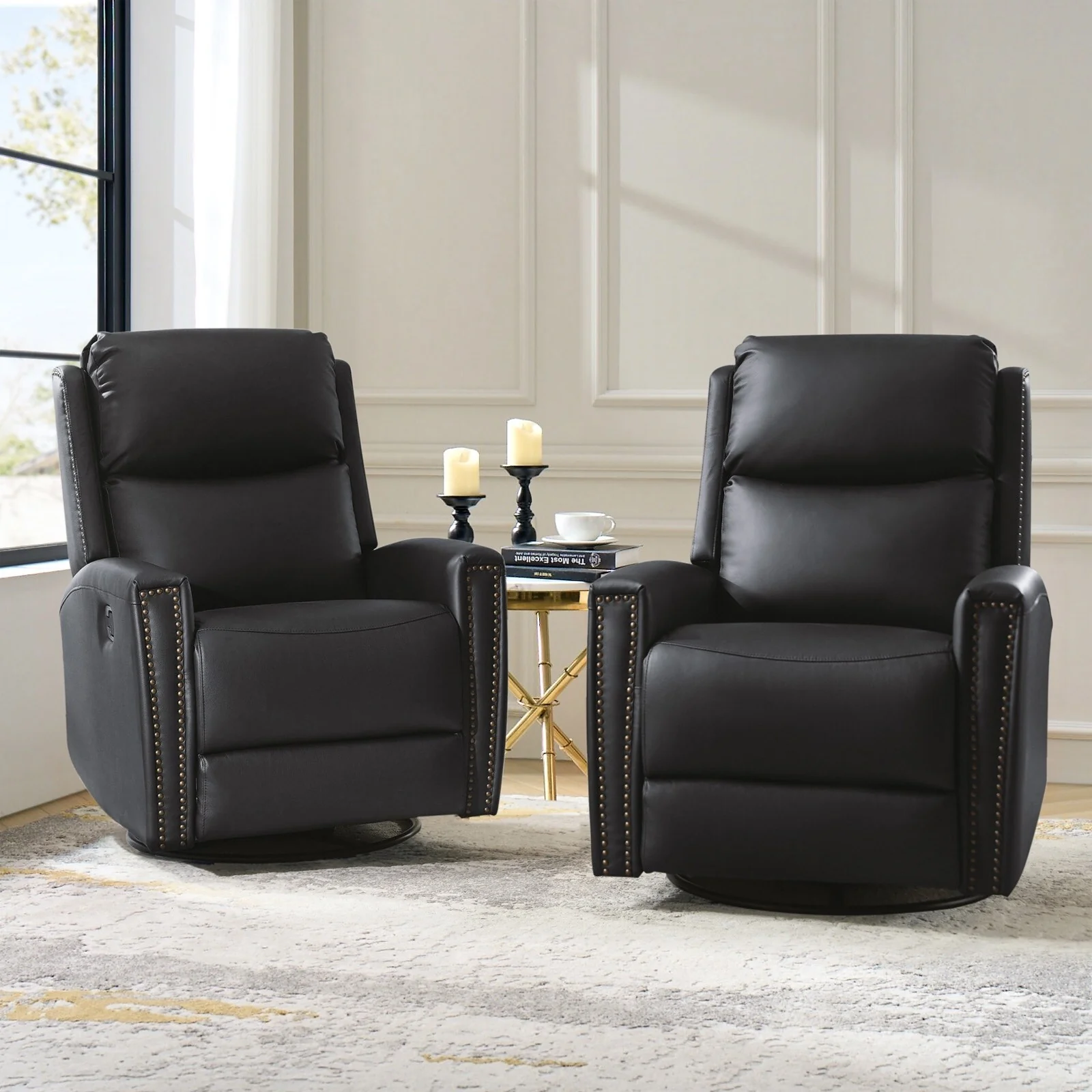 Fiacro 30.31Wide Modern Genuine Leather Wingback Swivel Rocker Recliner with Nailhead Trims, Set of 2