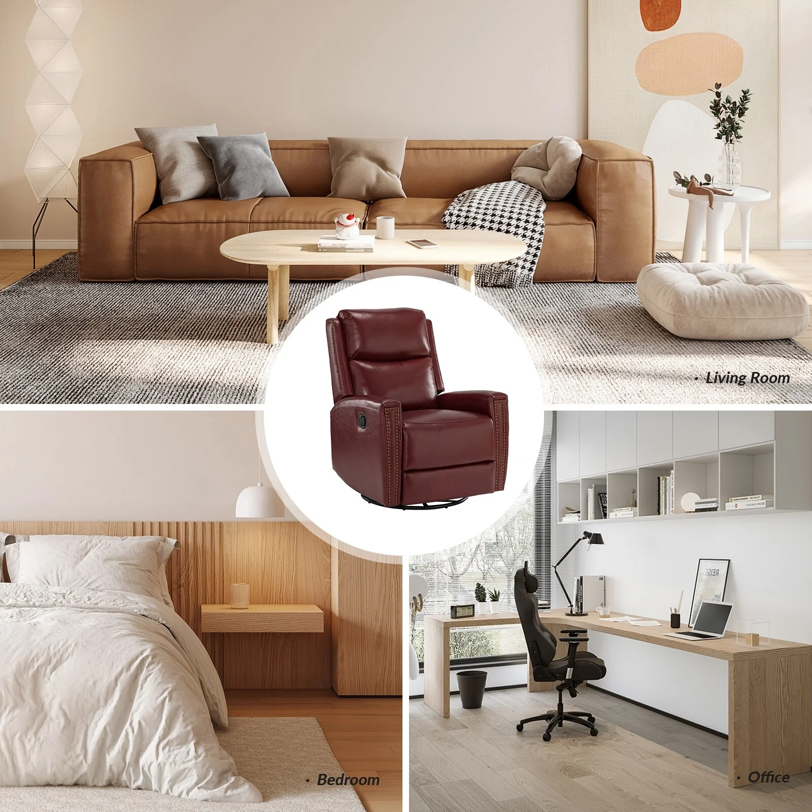 Fiacro 30.31Wide Modern Genuine Leather Wingback Swivel Rocker Recliner with Nailhead Trims