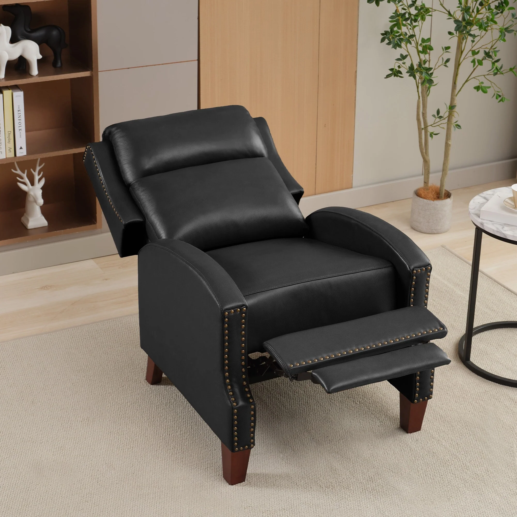 Genuine Leather Pushback Recliner with Multi-Angle Seat Back and Solid Wood Legs