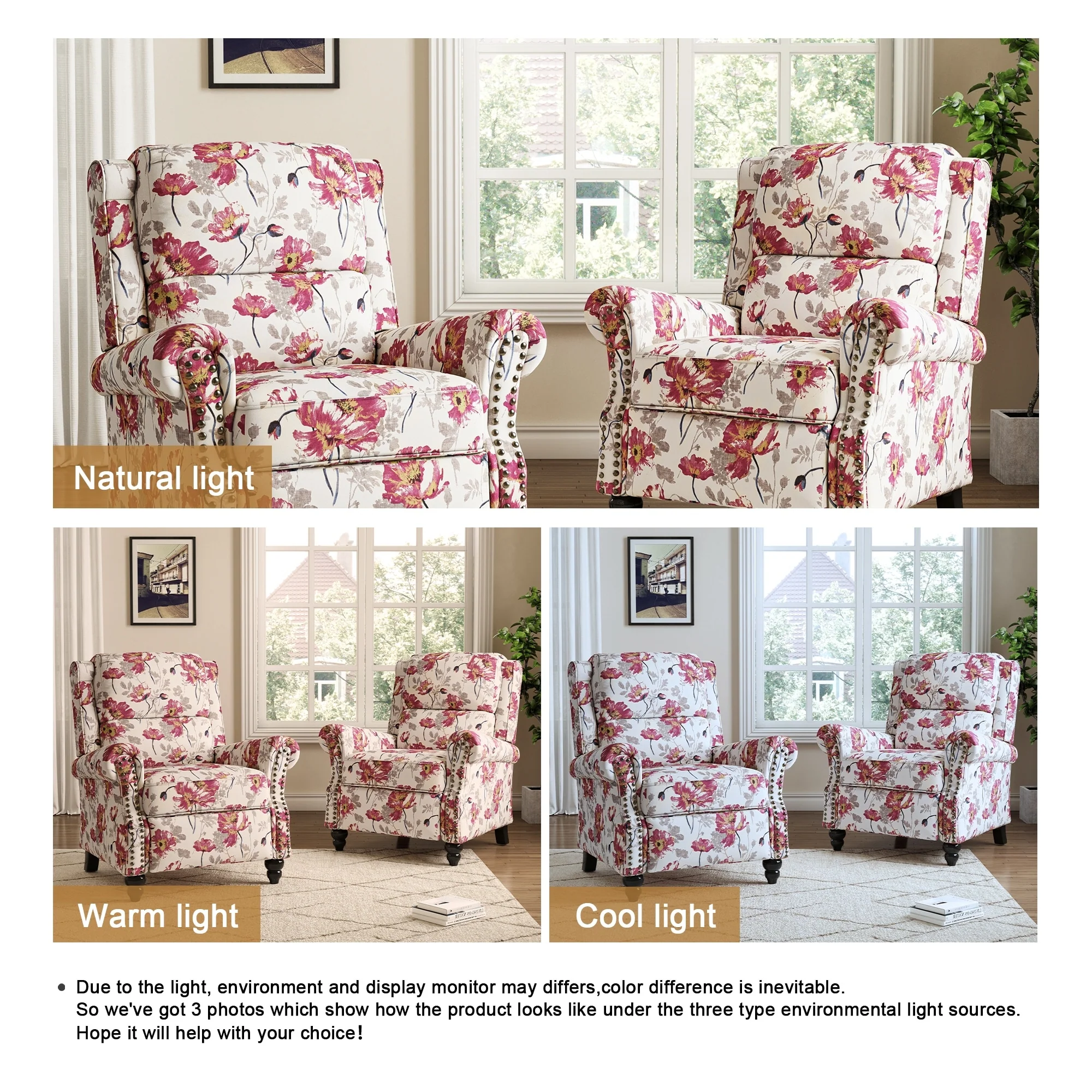 2 Set Manual Pushback Recliner Chair with Nailhead Trim