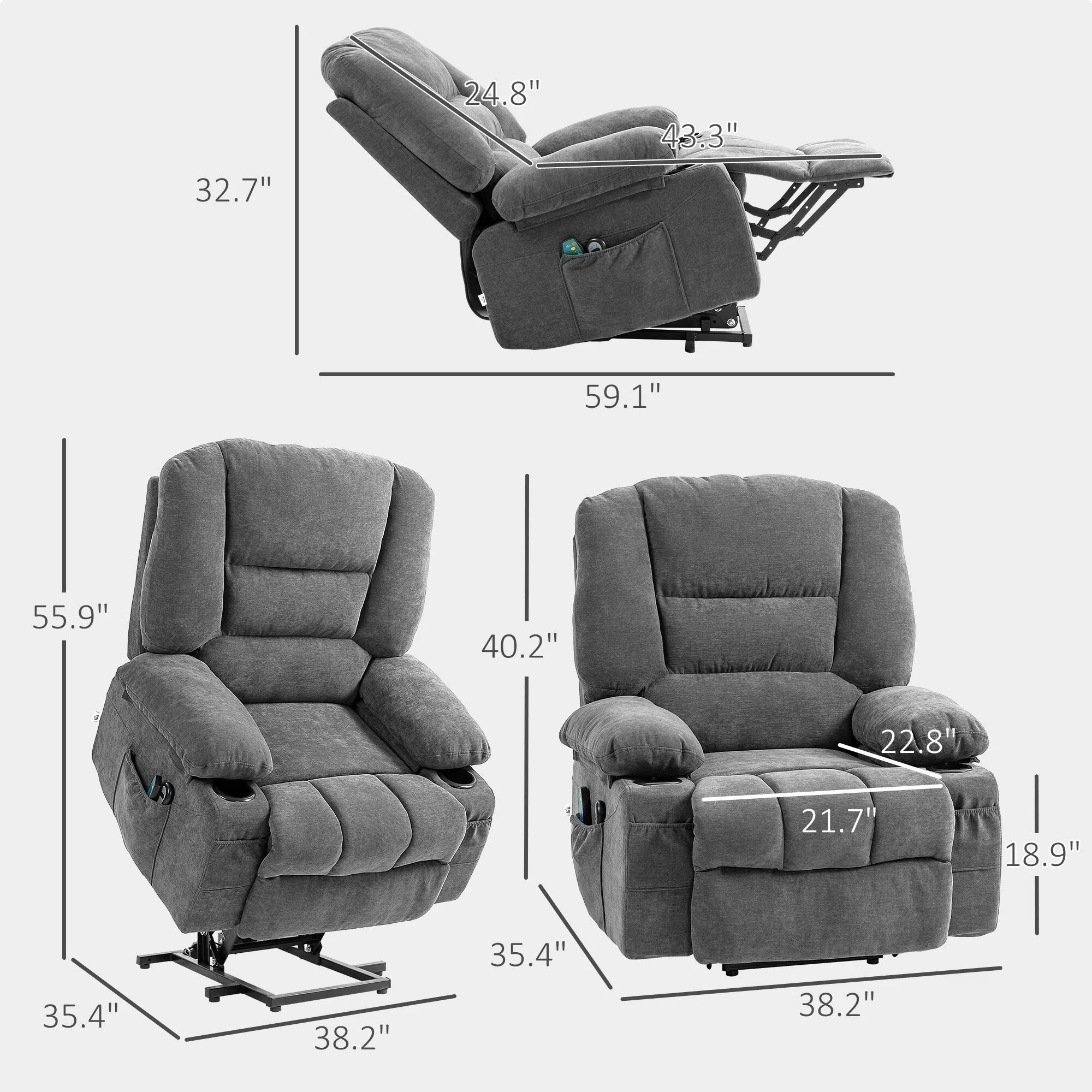 Brown Electric Lift Recliner Chair with Vibration Massage, Heating, Adjustable Positions, Remote Control, and Side Pockets