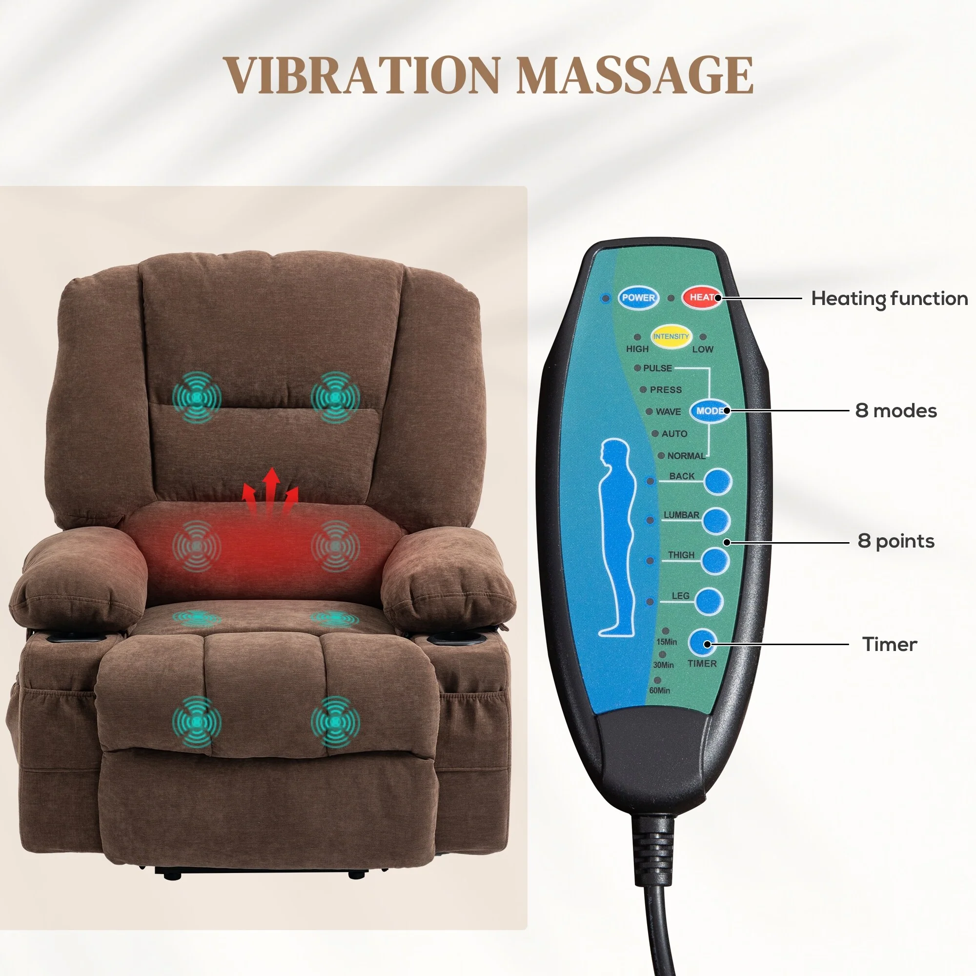 Brown Electric Lift Recliner Chair with Vibration Massage, Heating, Adjustable Positions, Remote Control, and Side Pockets