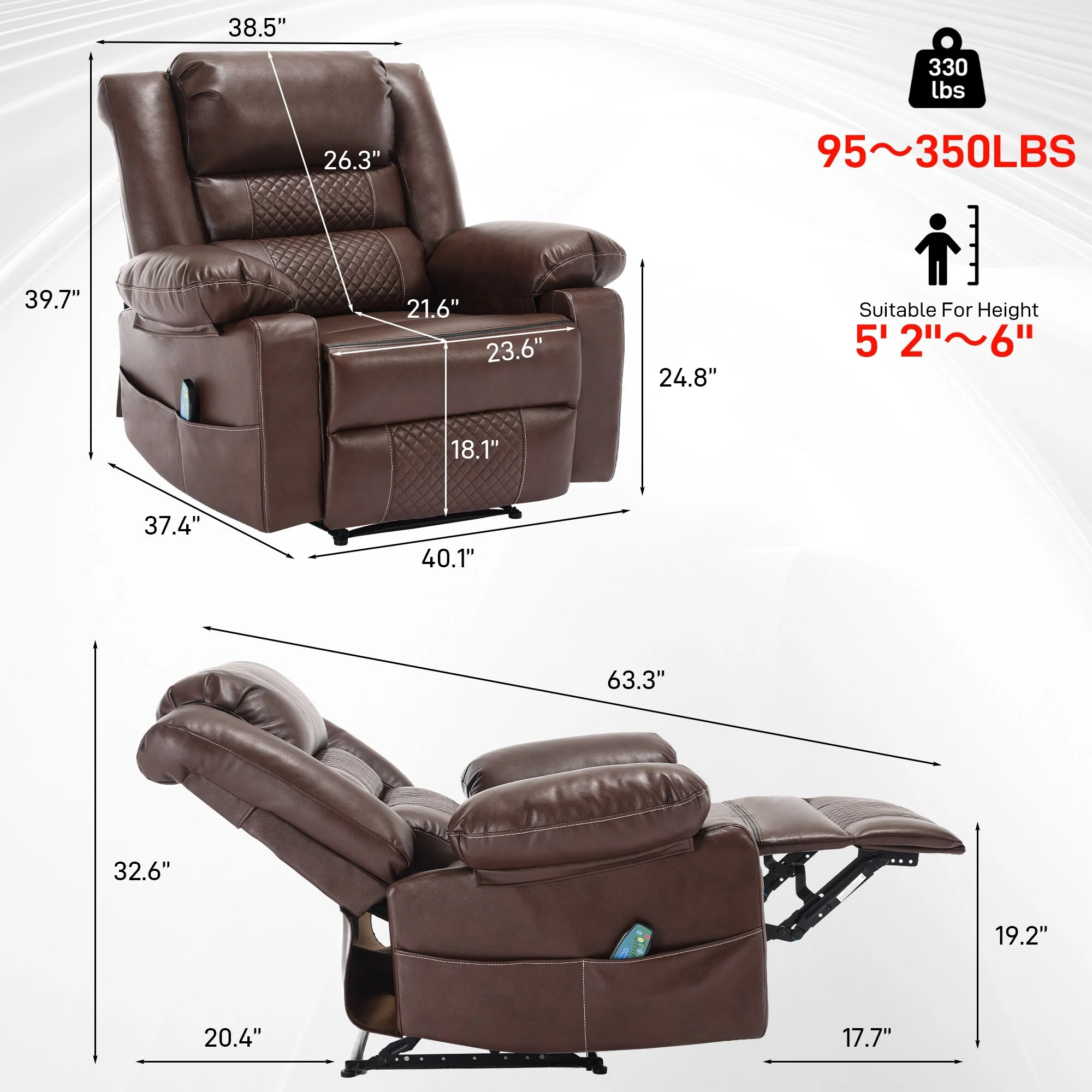 Brown Manual Leather Massage Recliner Chair with 8-Point Vibration, Lumbar Heating, Multi-Reclining Options