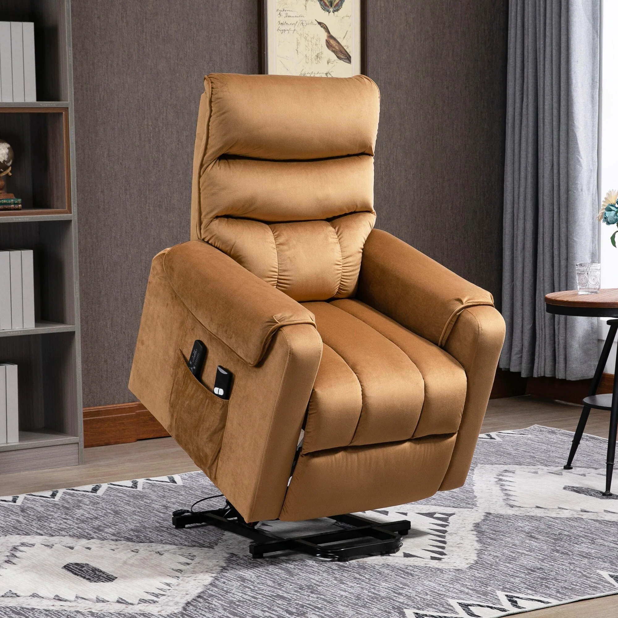 Brown Velvet Power Lift Recliner with Vibration Massage, Remote, Side Pockets, and Strong Steel Frame