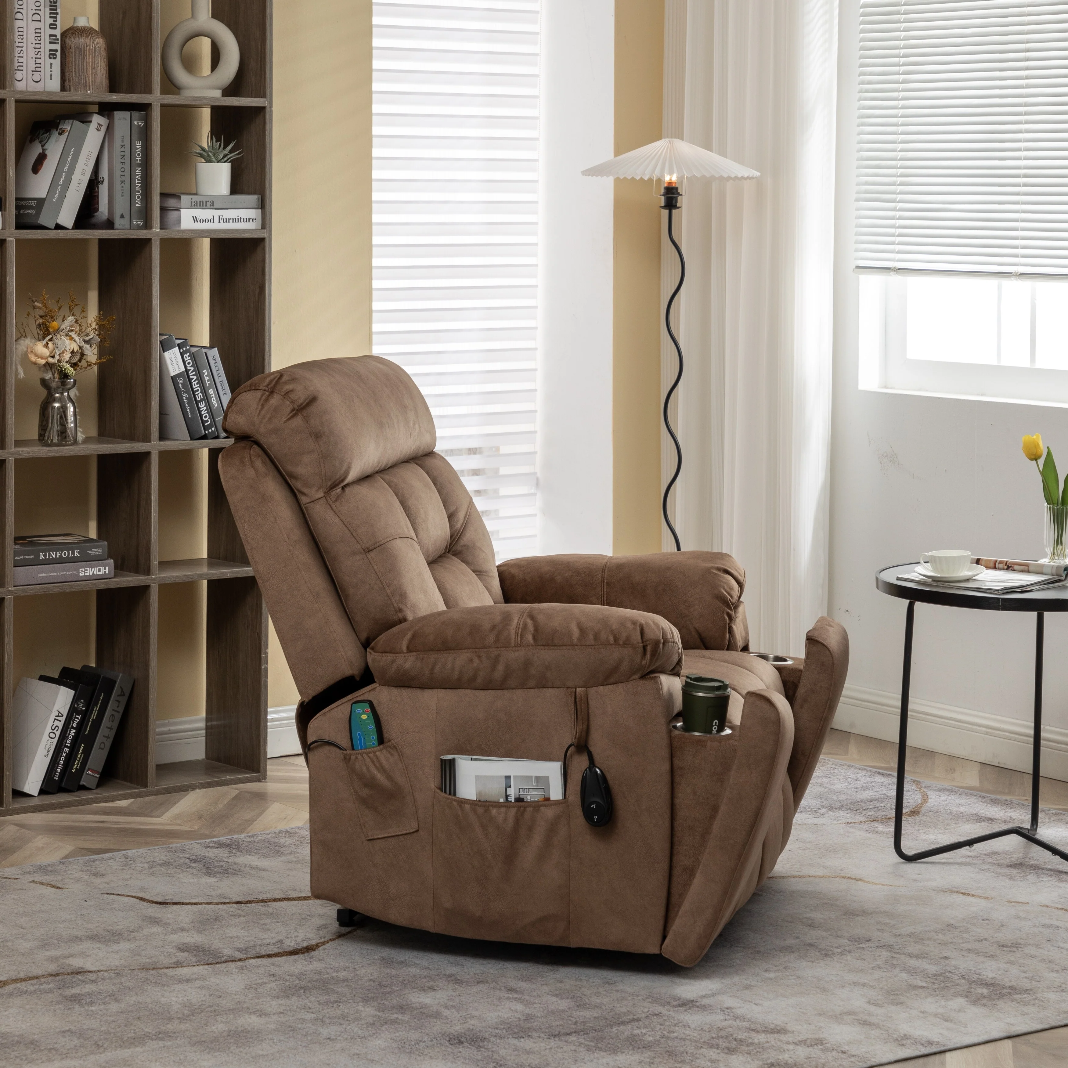 Brown Velvet Lift Recliner, Massage, Hidden Cup Holder, Pockets