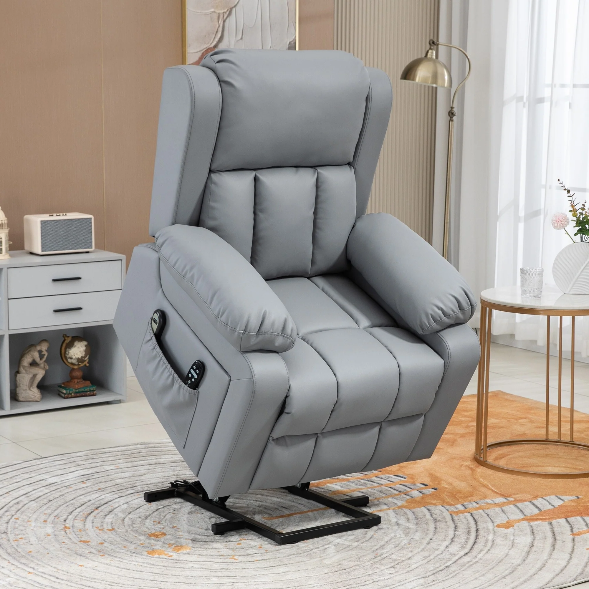 PU Leather Lift Recliner featuring Vibration Massage, Heating, Remote Control, and Side Pockets
