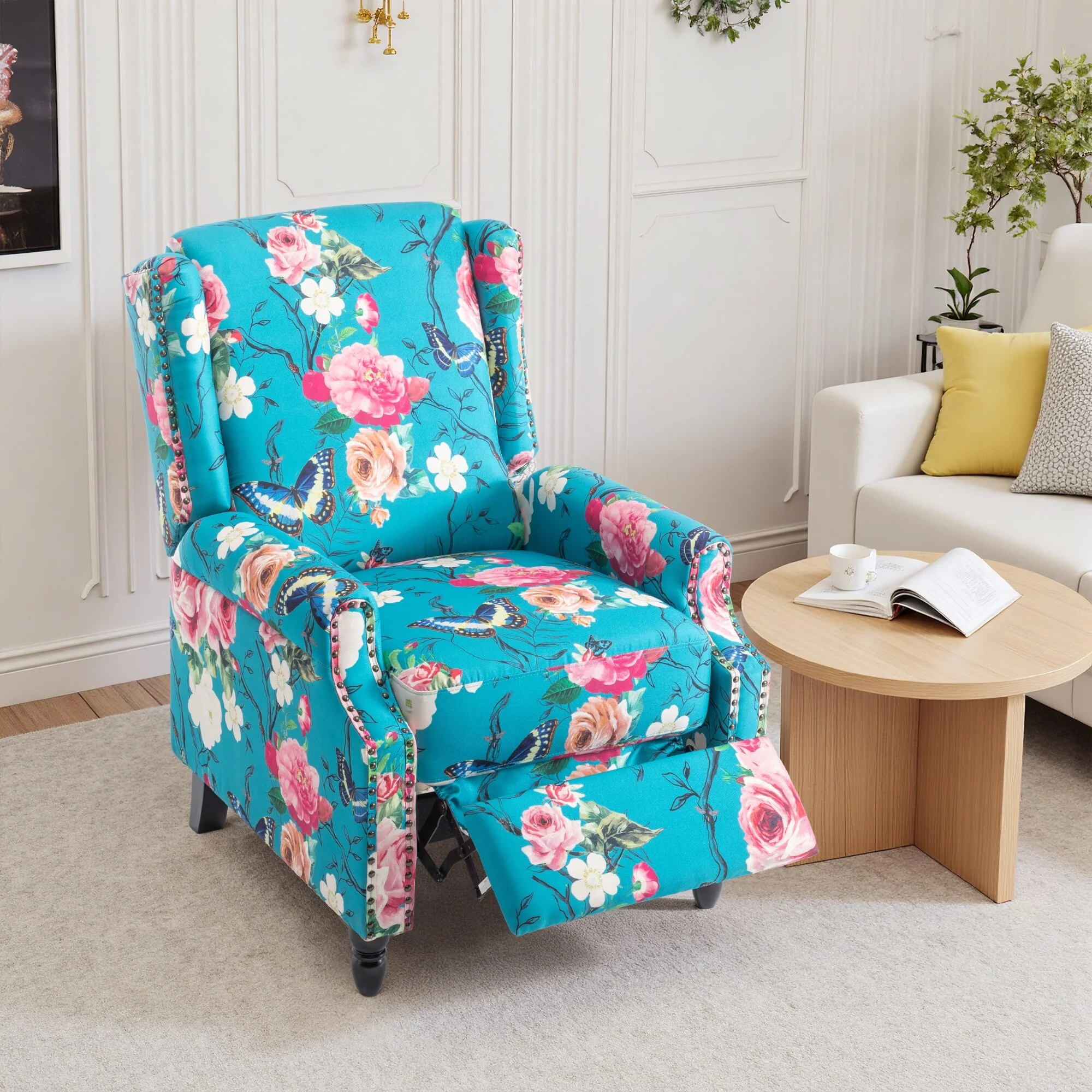 Linen Manual Upholstered Recliner with Wood Legs