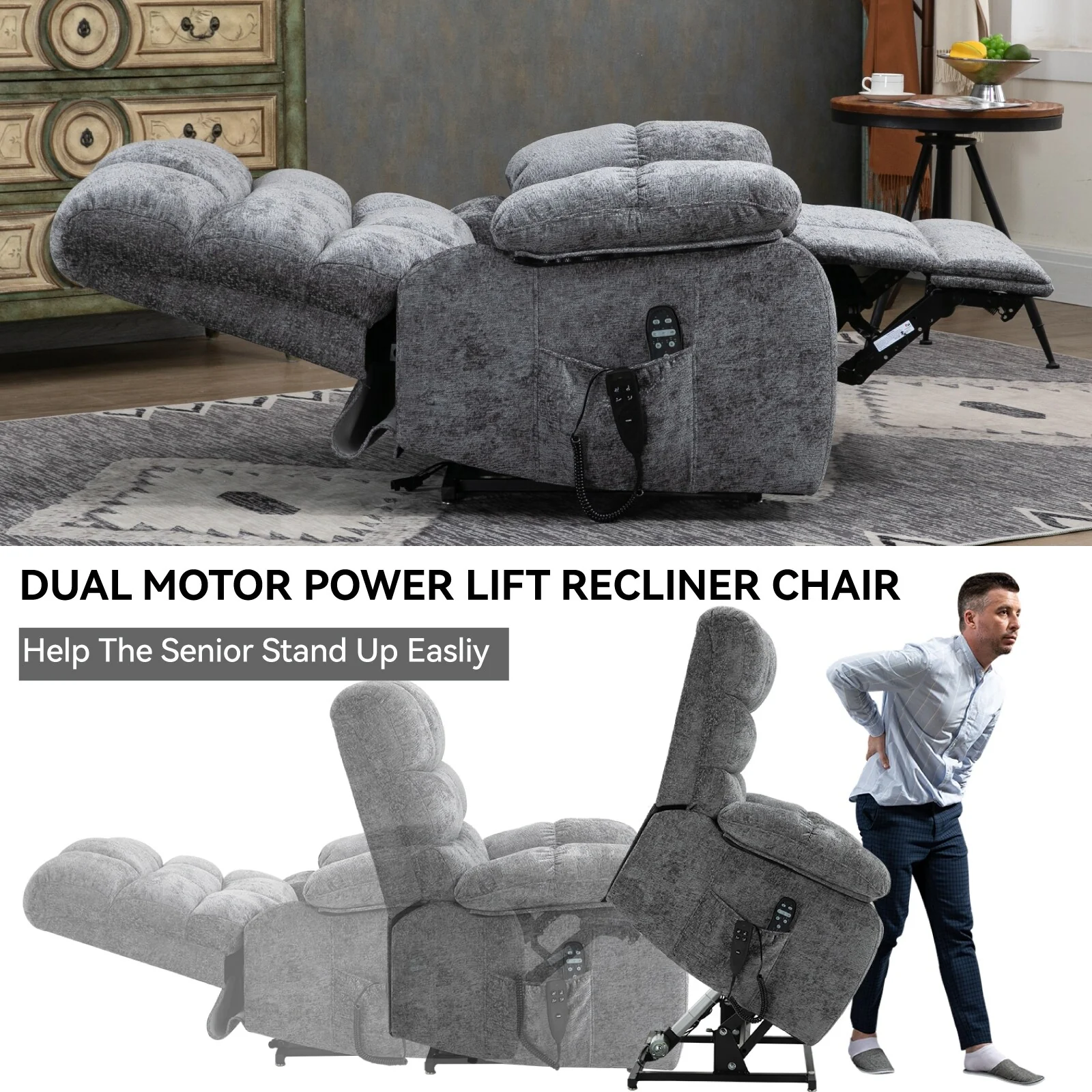 Chenille Oversized Power Lift Recliner Chair with Dual Motor, Massage, Lumbar Heat, and Full Recline