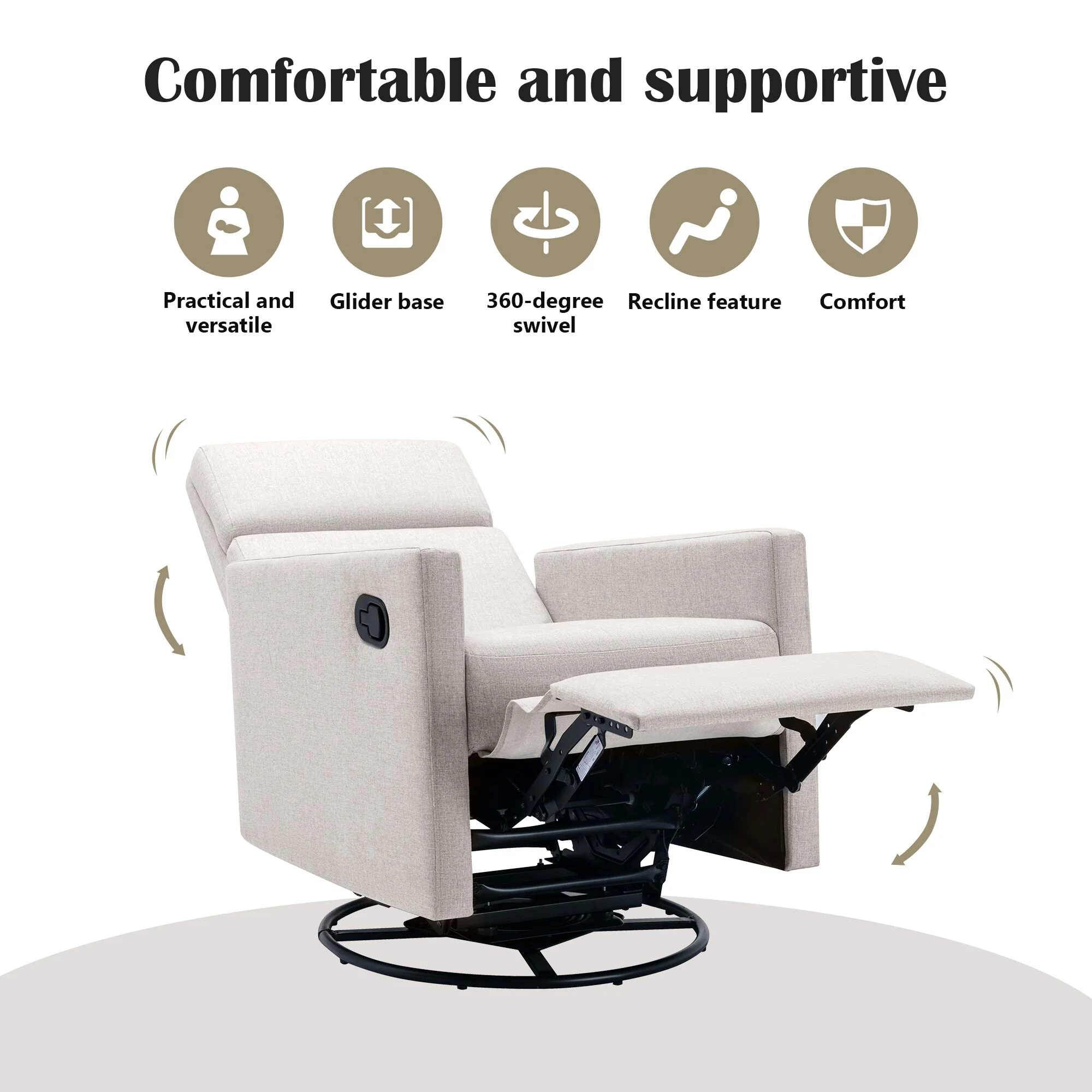Roomfitters Modern Upholstered Rocker Nursery Chair, Plush Seating Glider Swivel Recliner Chair