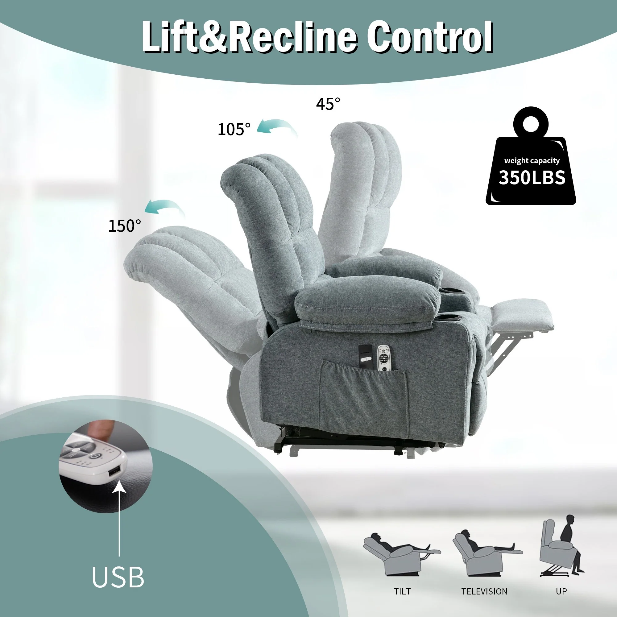 Lift Recliner Chair with Massage & Heat, USB & Remote