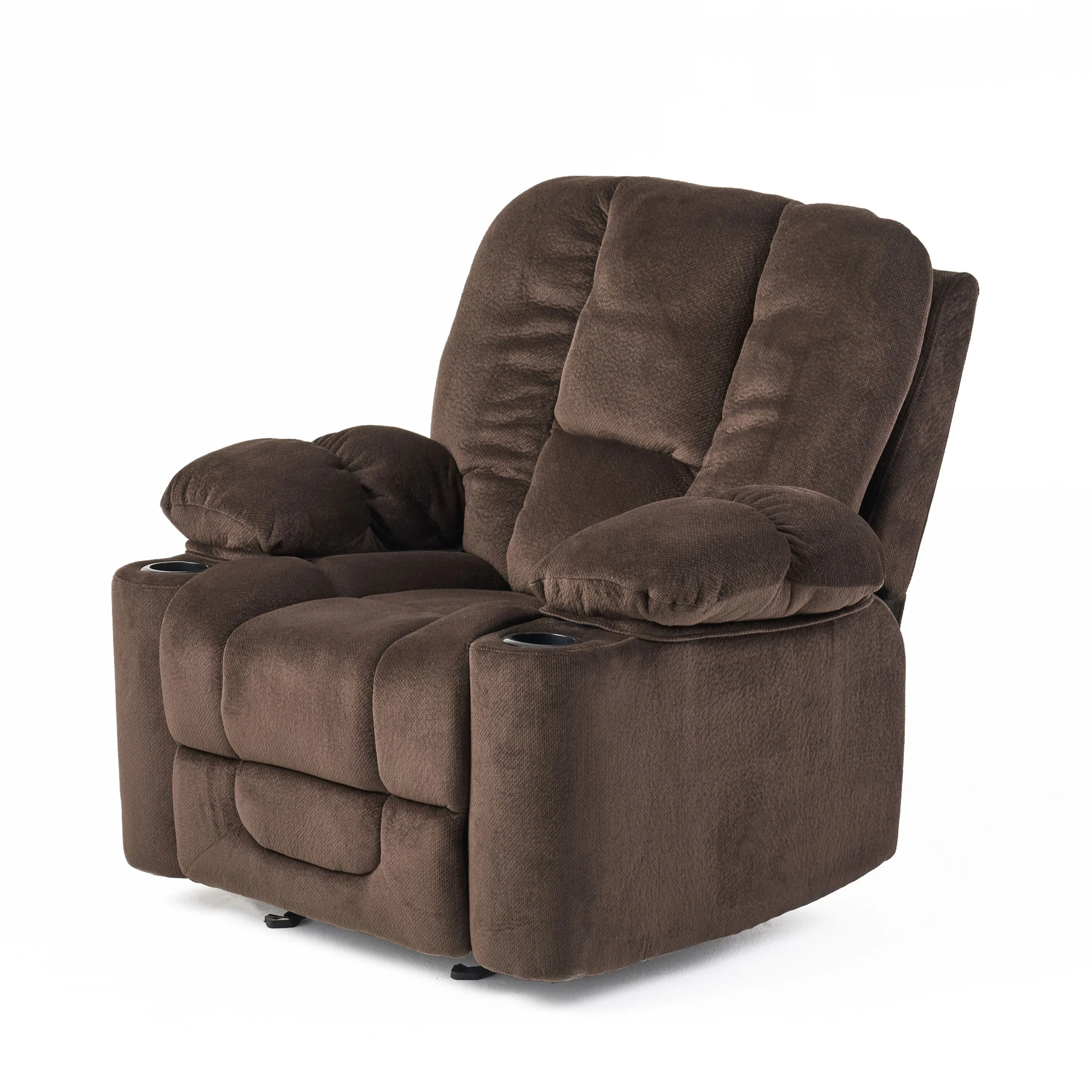 Brown Fabric Manual Recliner with Dual Cup Holders and Generous Dimensions