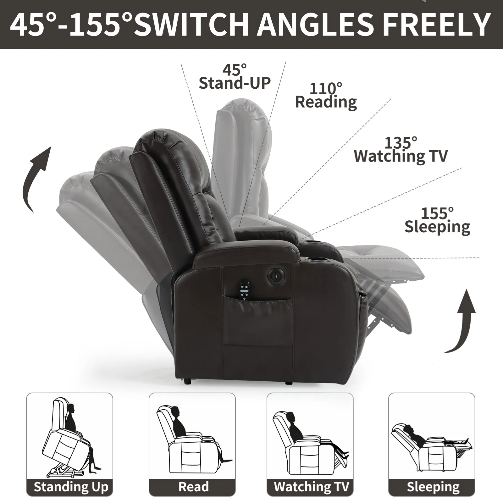 Black Power Lift Recliner with Massage, Lumbar Heat, USB, and Cup Holders