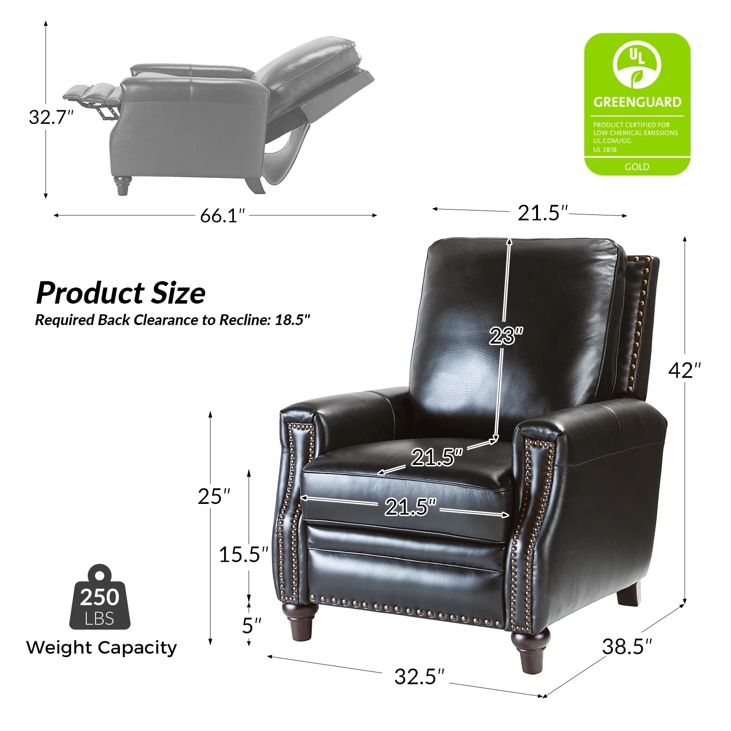 Cigar Mid-century Modern Genuine Leather Recliner with Nailhead Trim by HULALA HOME